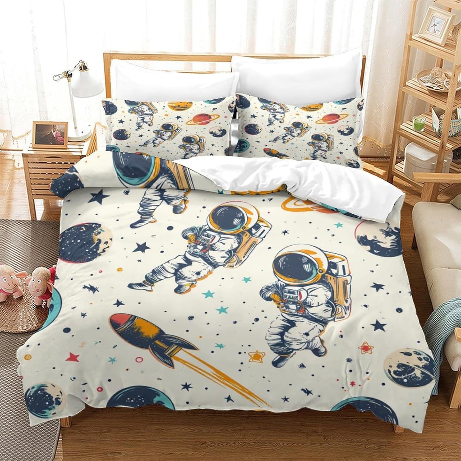 Tabeskly Kids Boy Astronaut Space Rocket Soft Zipper Bed Bedding Duvet Cover Set Double Beige 200×200cm, Multicolor4-2