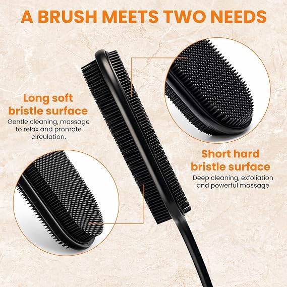 Double Sided Shower Back Scrubber - 42cm Long Handle Exfoliating Massage Body Brush, Rich Lather Producing(Black)