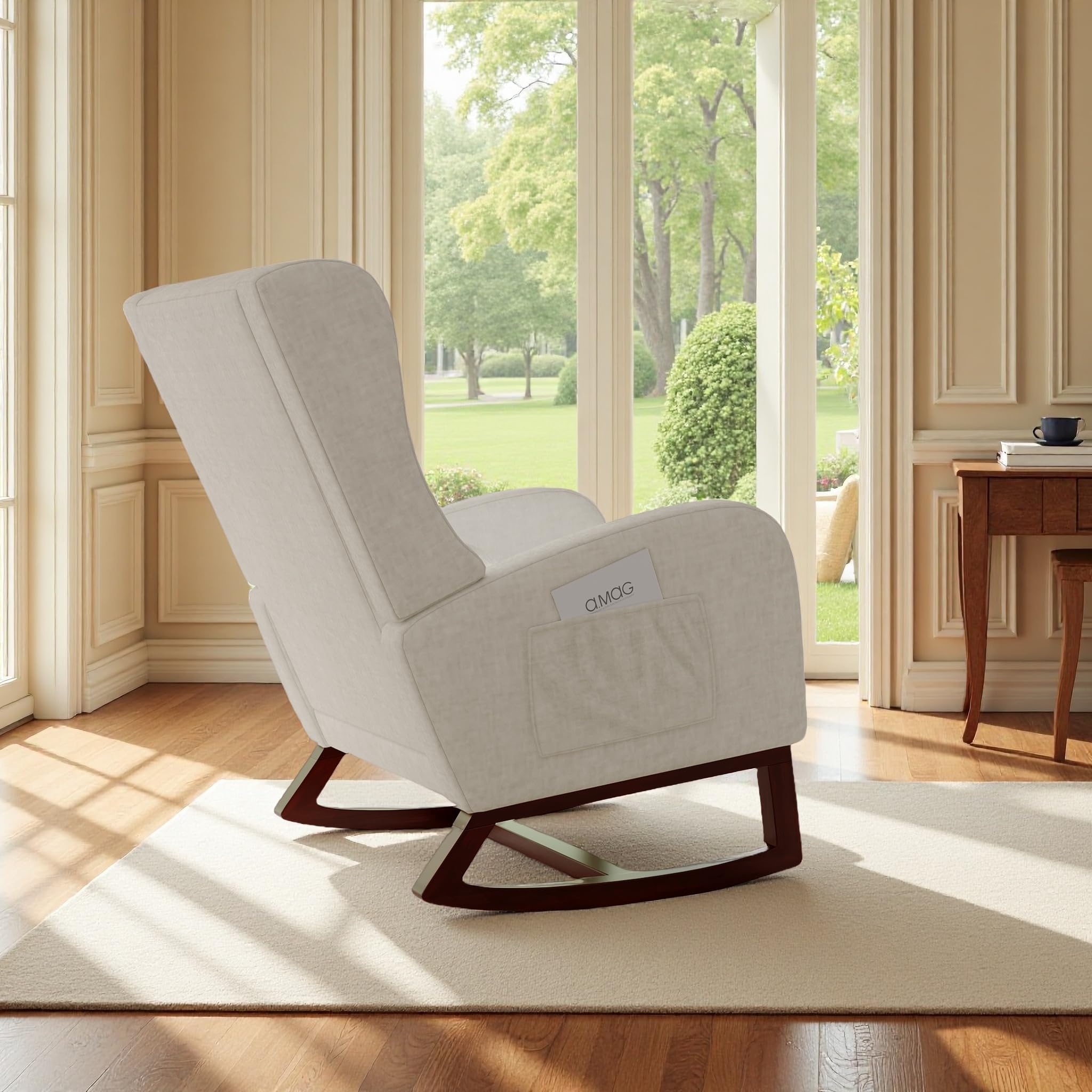 Fauteuil à Bascule avec Repose Pied Rétractable, Chaise à Bascule Coussin Lombaire, Rocking Chair Salon Chambre (Beige Lin)