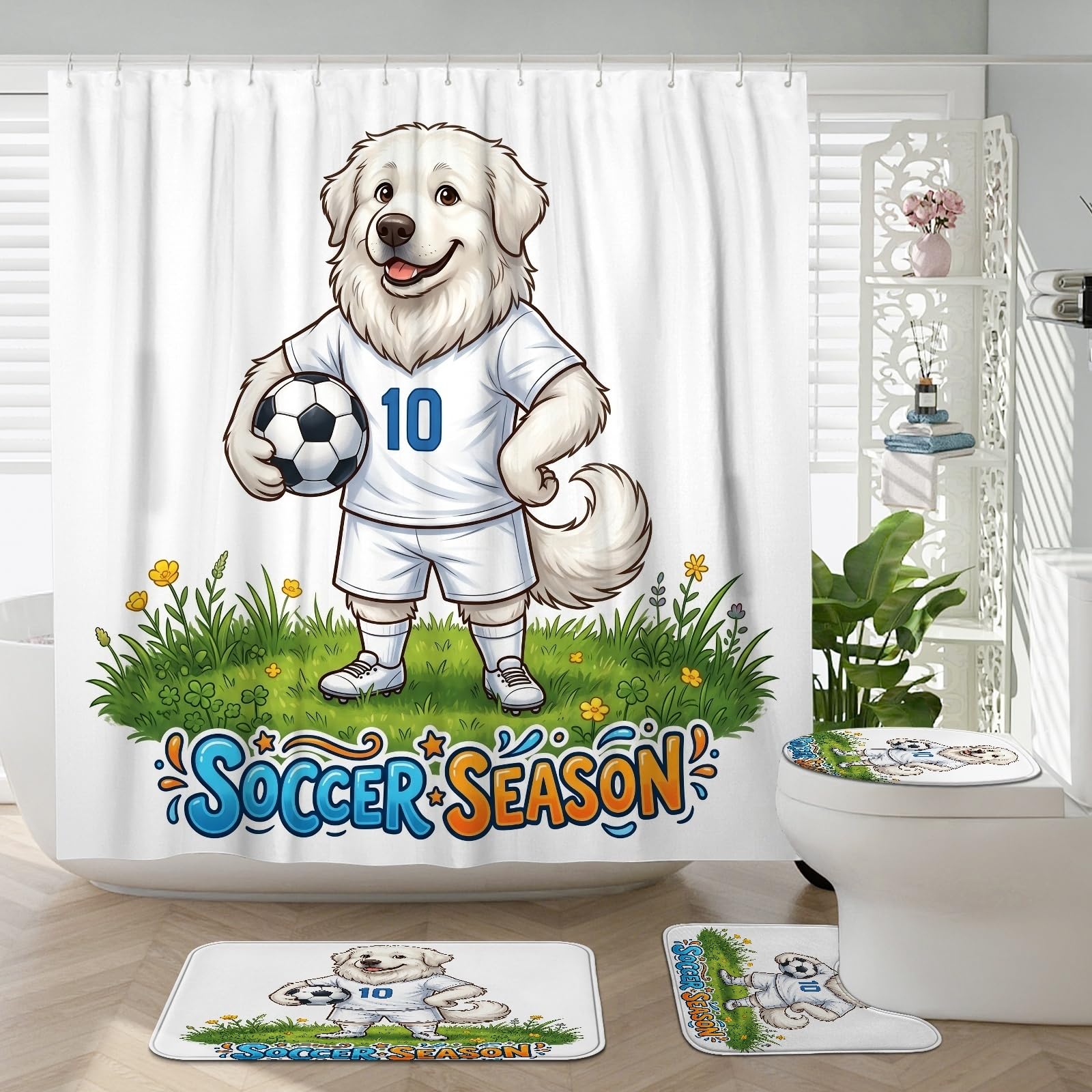 Rideaux de douche chien des Pyrénées lot de 4 pièces avec tapis de bain de football 183 cm