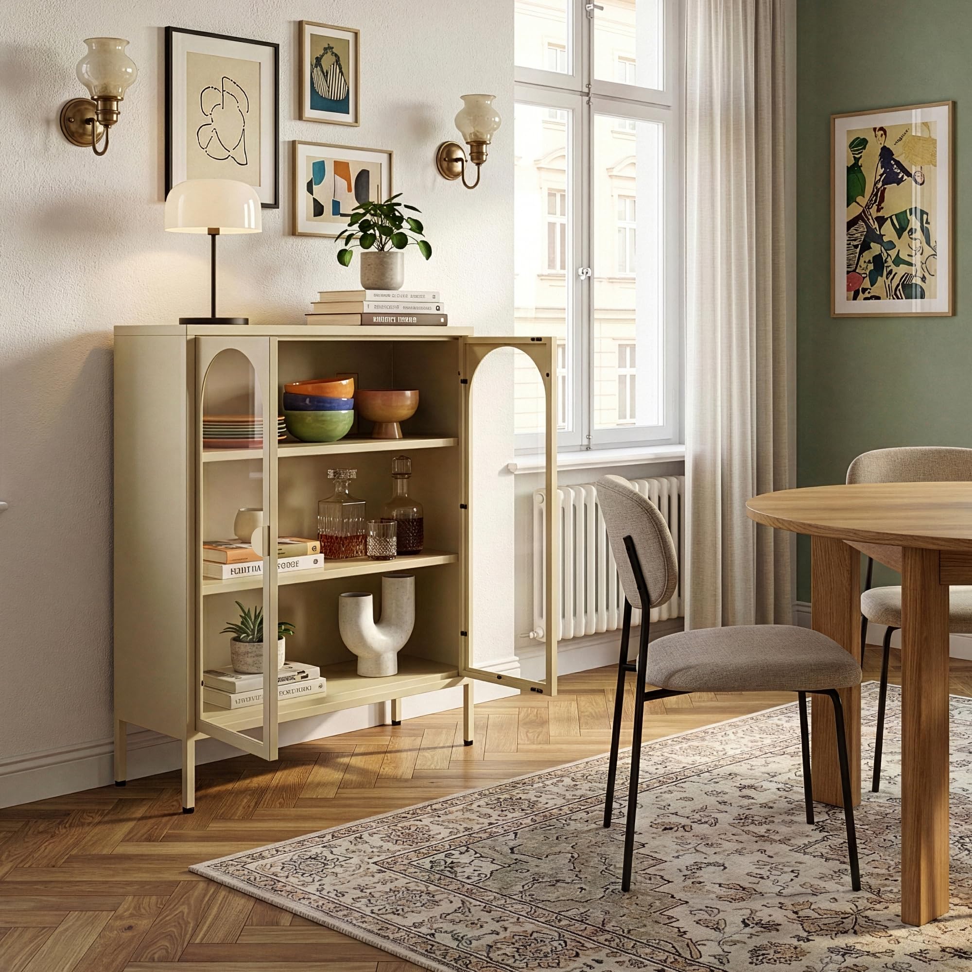 [en.casa] Vitrina Klippestad Aparador Alto 2 Puertas de Cristal Transparente 3 Compartimentos Cerrados Mueble Auxiliar para Cocina Comedor Oficina Acero 95 x 80 x 35 cm - Camel