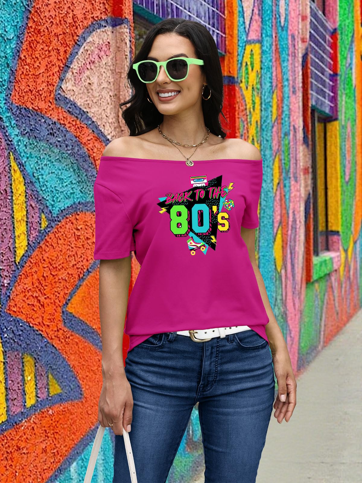 80s Shirts for Women Retro Off The Shoulder Top Disco 80s 90s Theme Party Outfit