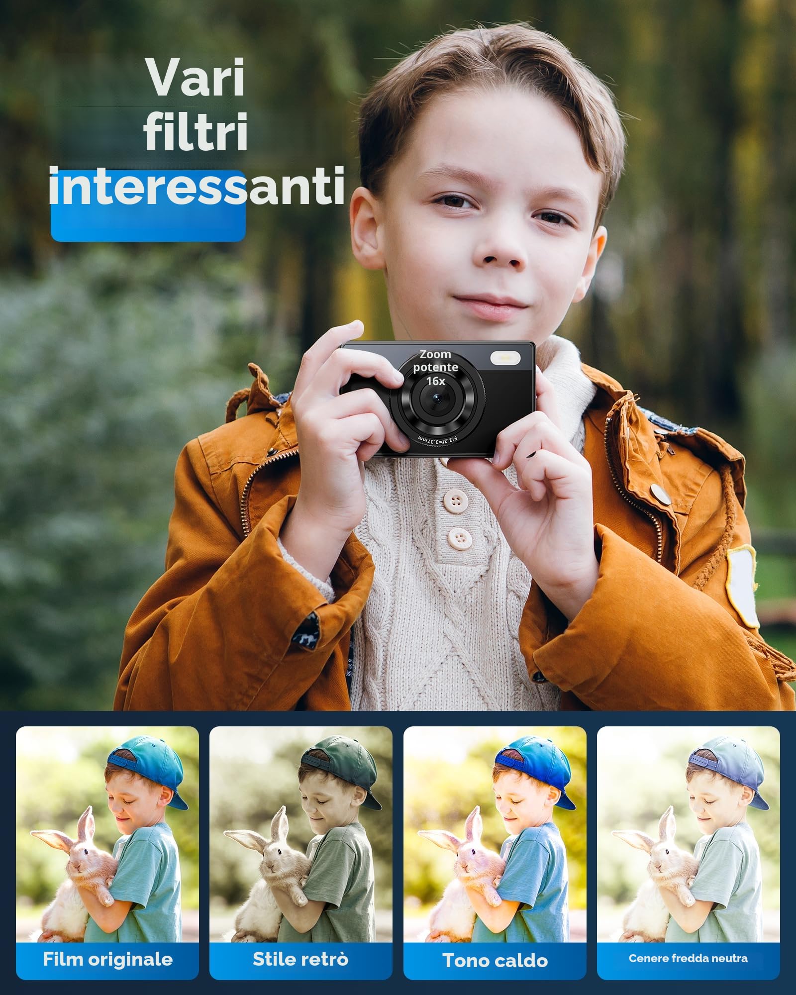 Fotocamera Digitale Bambini Compatta 64GB: 48MP Fotografica Anti-Shake Fotocamera Vlogging per YouTube 16X Digital Zoom Photo Filtrazione Ripresa Continuo Automessa a Fuoco Fotocamera