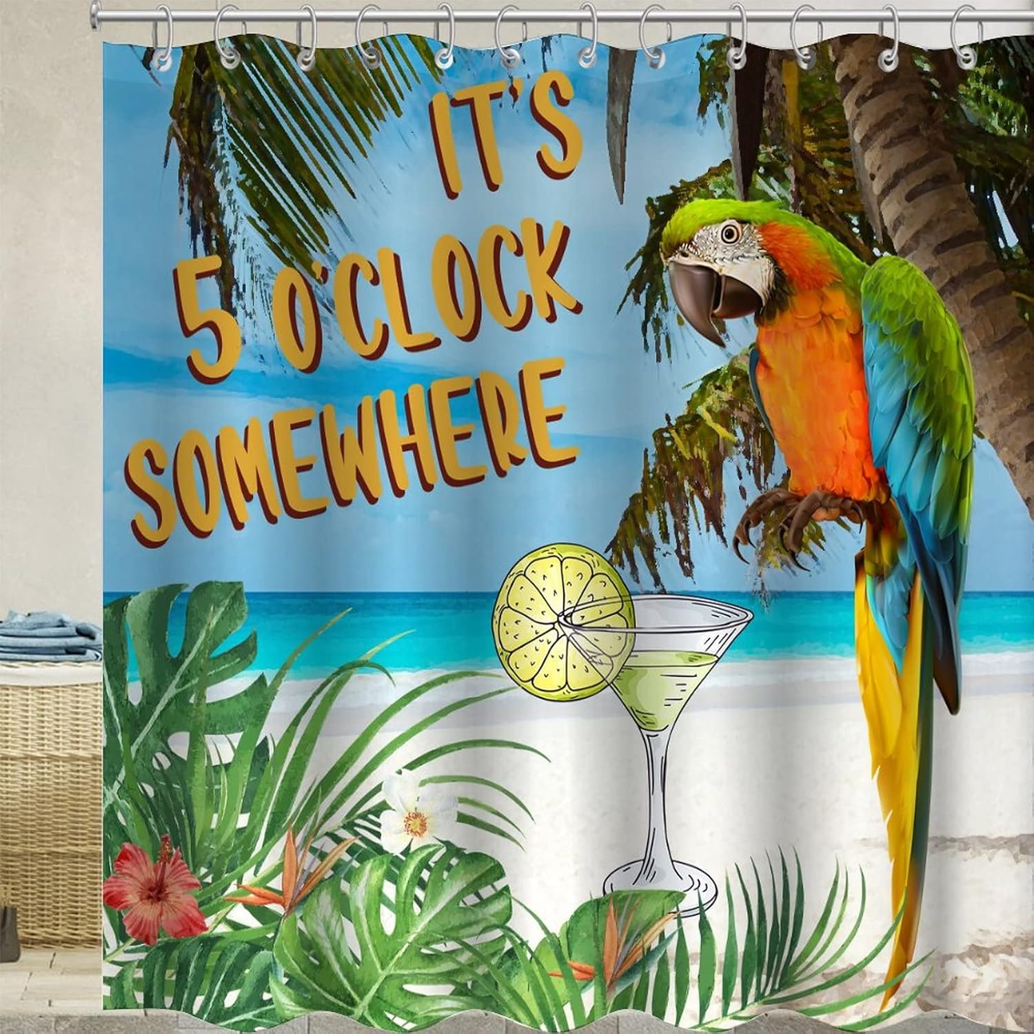 It's Five O'clock Somewhere Shower Curtain with Hooks Watercolor Tropical Parrot Beach Bath Curtains Waterproof Fabric Polyester Shower Curtain for Bathtub Home Bathroom 72" X 78"