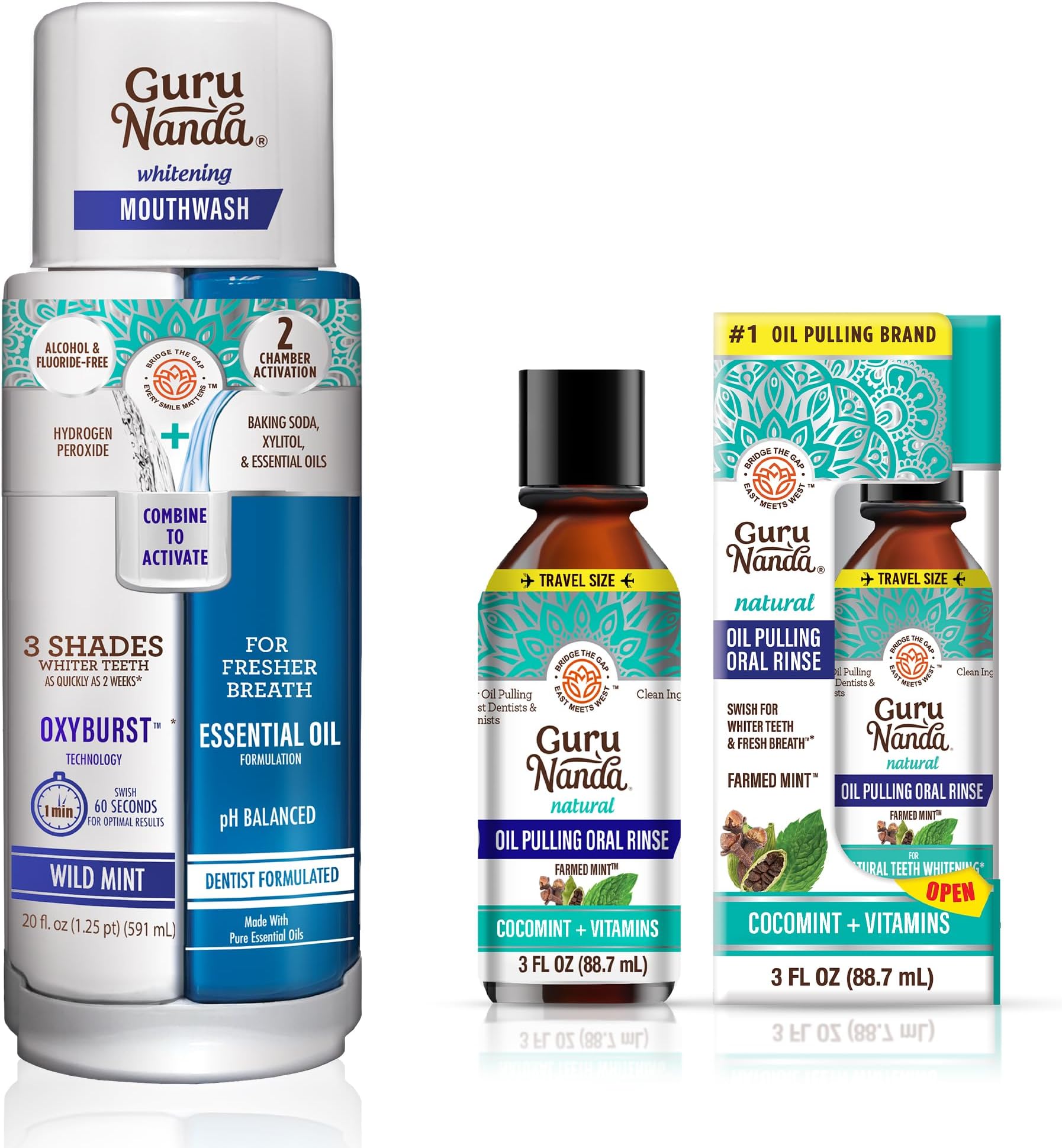 Dual Barrel Oxyburst Whitening Mouthwash with Coconut Oil Pulling, Essential Oils, and Vitamins D3 E K2 for Teeth Whitening and Fresh Breath - 20 Fl Oz + 3 oz