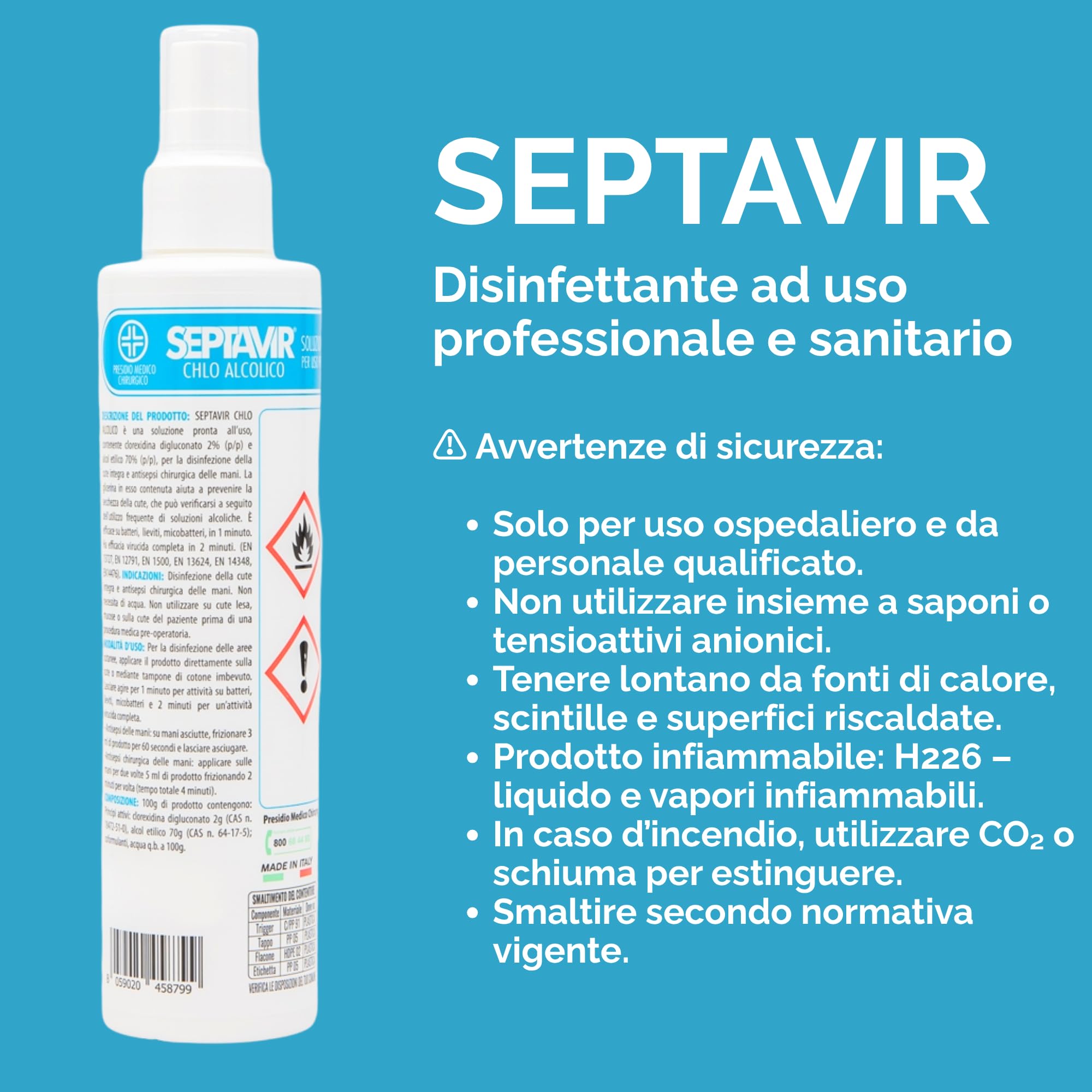 Disinfettante Battericida Liquido per Cute con Clorexidina 2% Septavir, Soluzione Alcolica Pronta, Disinfezione delle Mani e della Cute, Uso Ospedaliero, Domestico e Sanitario (250 ml)