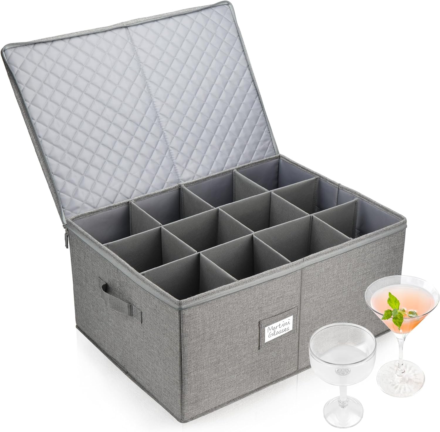 Padded stemware storage case with individual compartments for safely storing wine and champagne glasses