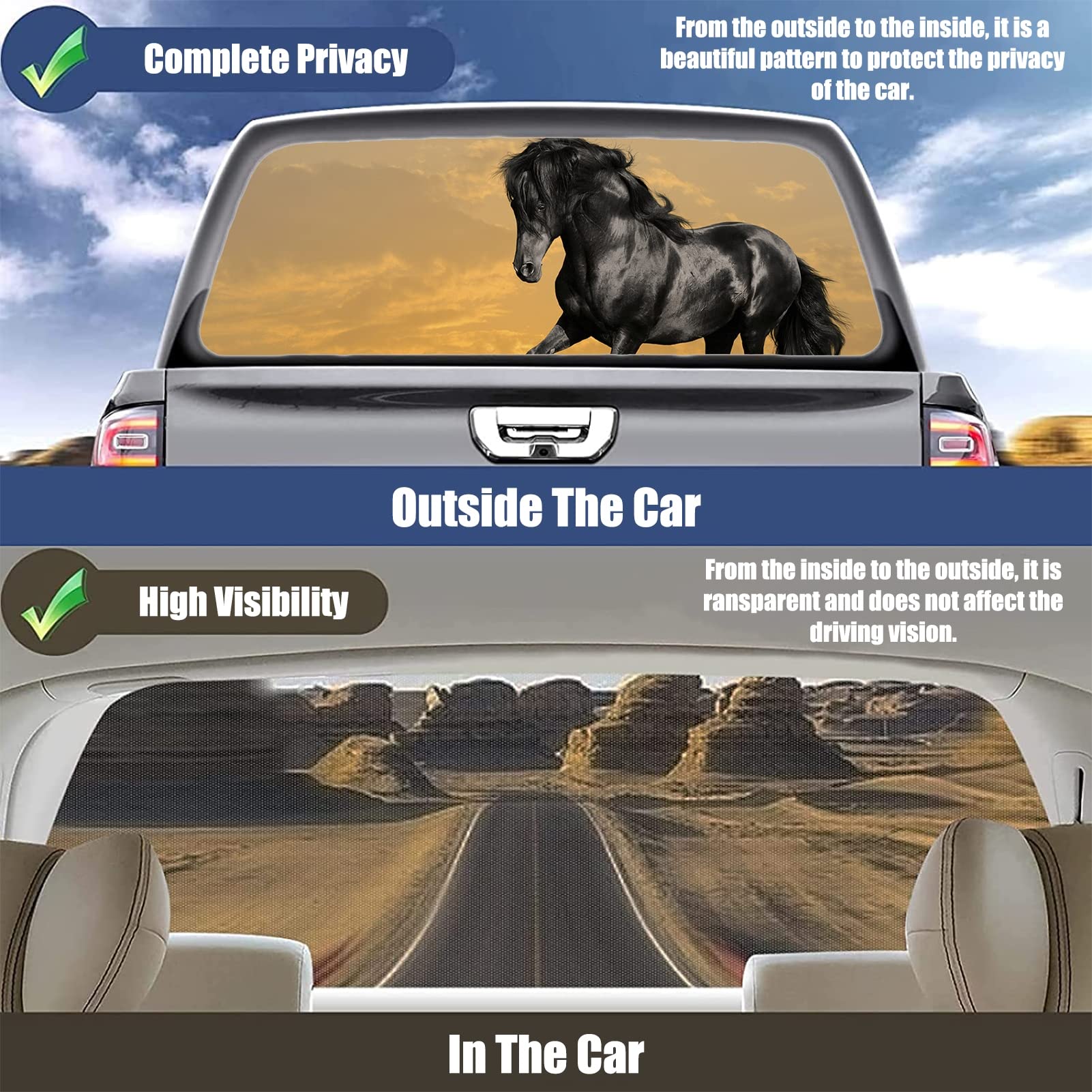 WOKEZ Adesivo del finestrino Posteriore per Auto a Cavallo, Decalcomanie per pellicole perforate per Il Parabrezza Posteriore dell'auto, Adesivi per Auto per camioncine SUV,65x22 inch