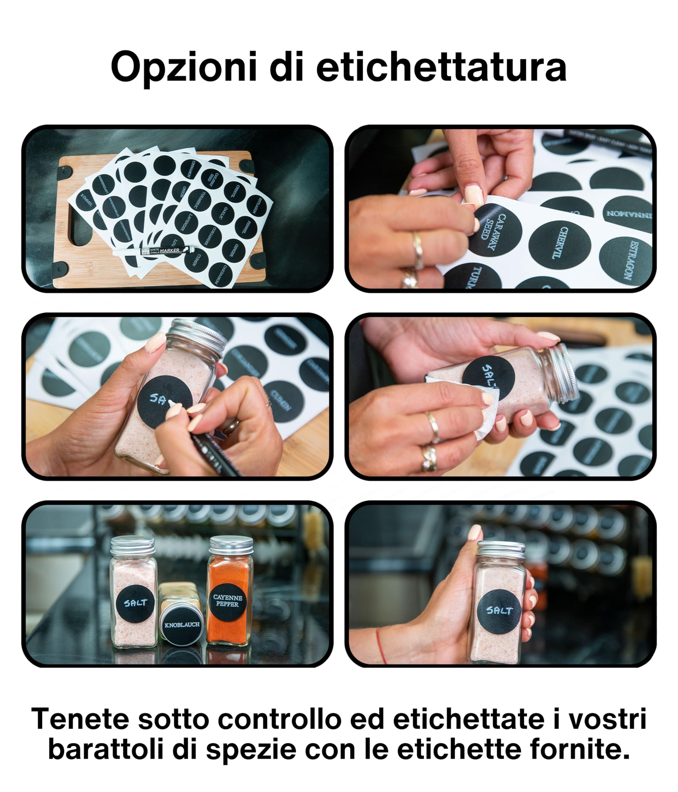 Deco haus® Porta Spezie per Cucina - Portaspezie con 24 Barattoli Spezie, Portaspezie Salvaspazio, Set Cucina 24 Vasetti di Spezie, 48 Etichette Spazzola Imbuto Ganci - Design Indipendente o da Parete
