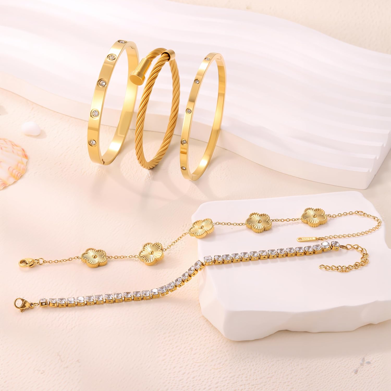 18K Gold Plated Womens Stackable Floral & Clover Bracelet Set - 5Pcs Stainless Steel Bangles, Non-Tarnish Trendy Jewelry | Gifts for Women's Day, Mother's Day, Christmas, Valentine's & Birthdays - Image 8