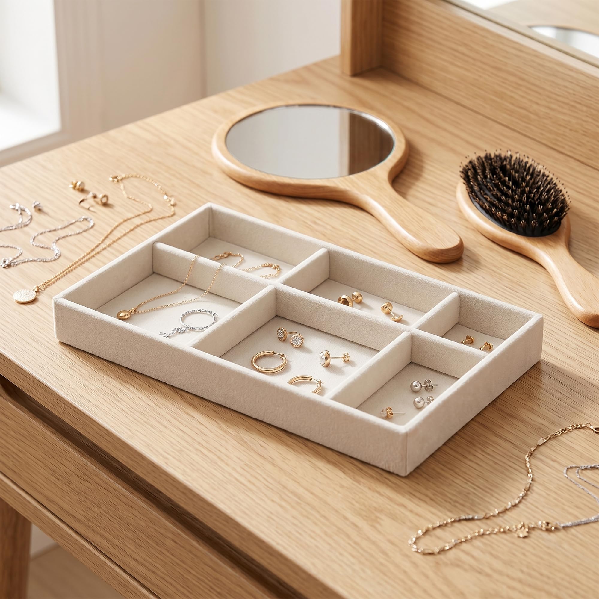 12 Stück Schmucktablett, Stapelbar Schmuck Organizer Schublade, Samt Schmuckaufbewahrung Einsatz für Halsketten Armbänder Ohrringe, Beige, 21,3 x 12,4 x 2,4 cm