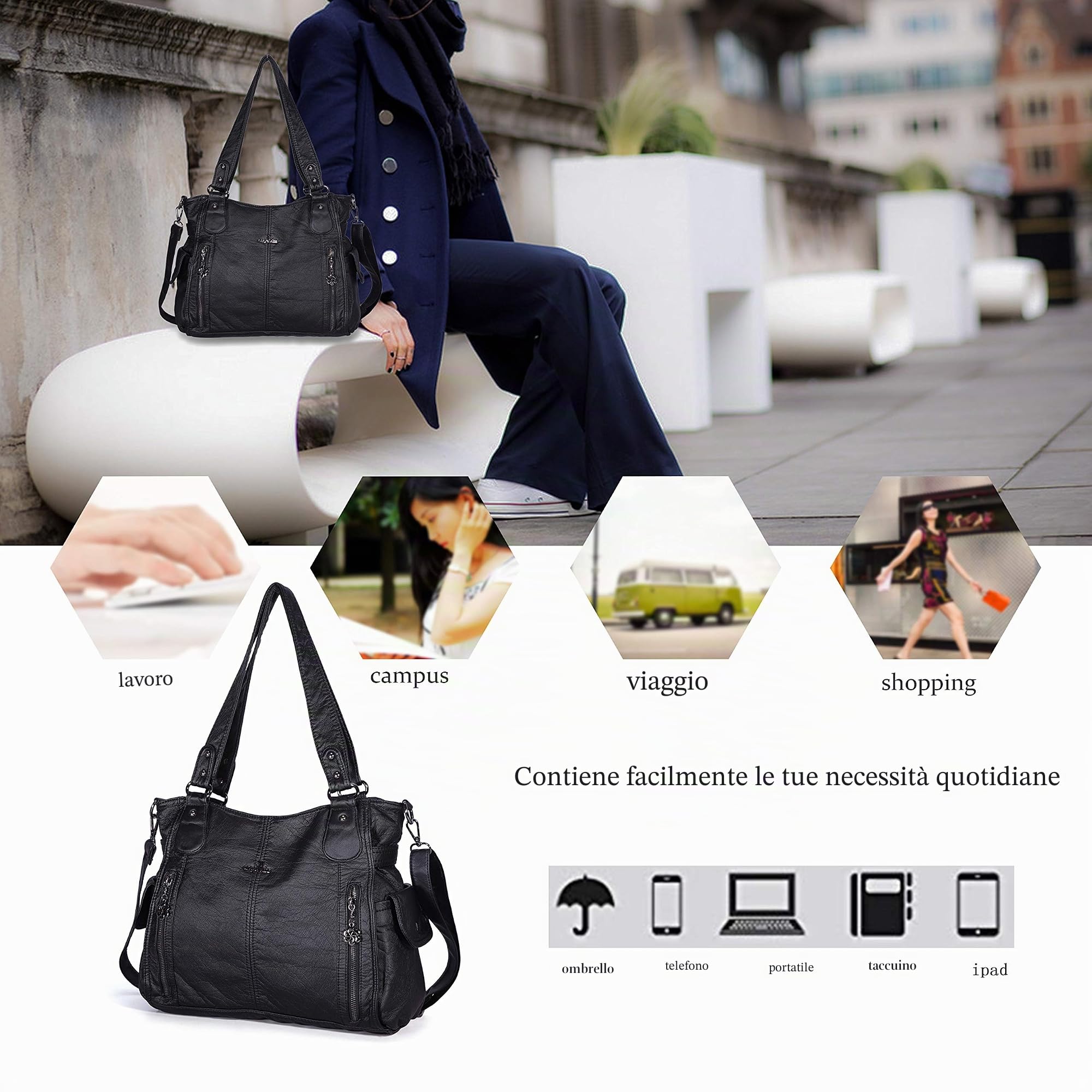 Angel Kiss - borsa da donna in pelle lavata 2 in 1, con zip nella parte superiore e tasche multiple; utilizzabile anche come borsa a tracolla - codice: 1193