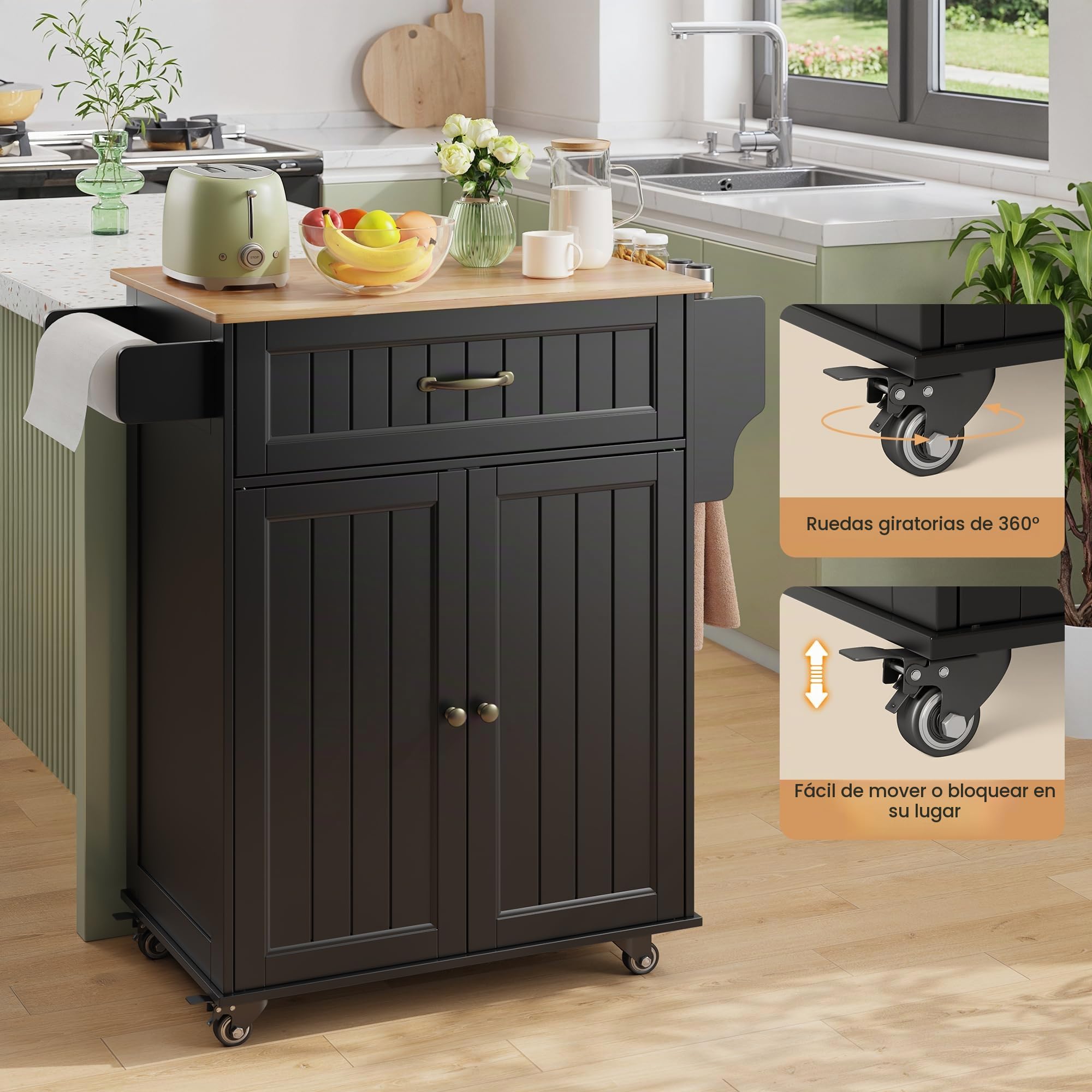 Bealife Isla de Cocina con Ruedas, Carro de Cocina con Cajón, Armario, Estante Lateral para Especias y Toallero, Mueble Auxiliar de Almacenamiento para Comedor (Negro)