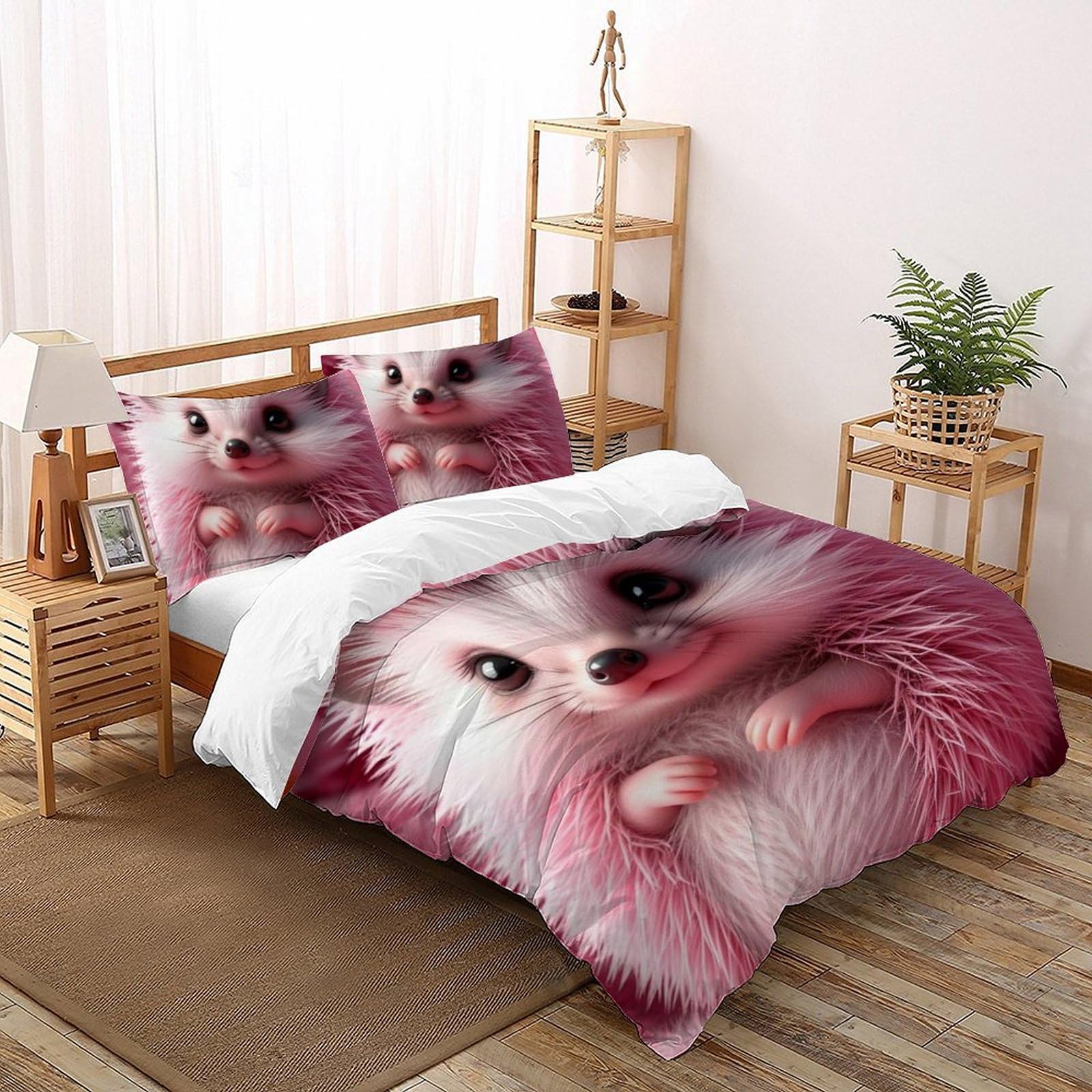 Housses de couette hérisson rose microfibre 200x200cm pour lit double avec taies