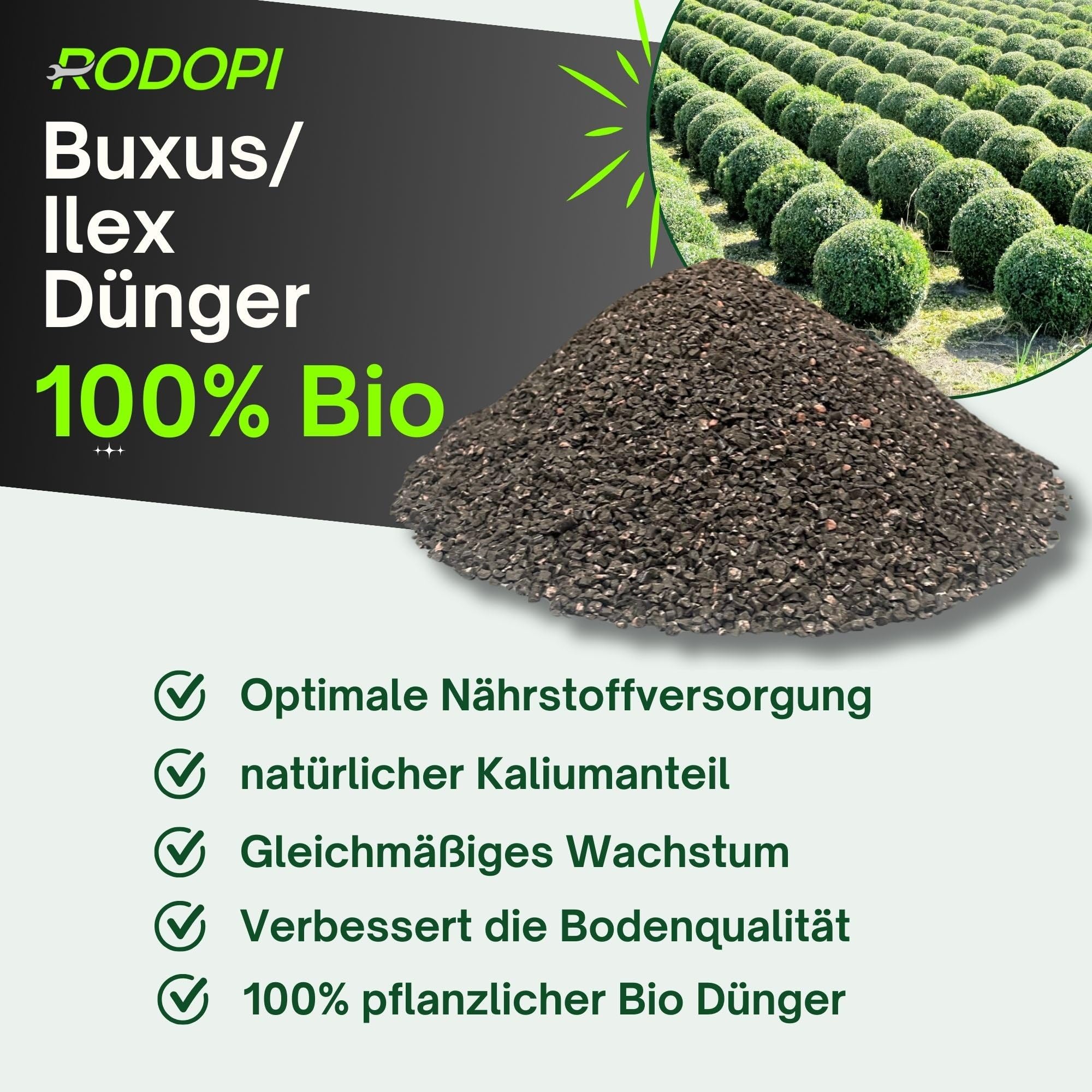 Rodopi Bio-Buxusdünger & Ilexdünger Granulat – 3 Monate Langzeitwirkung – 100% pflanzlich & vegan – Organischer NPK-Dünger 7-3-8 mit Magnesium 20kg