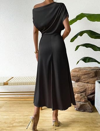 Womens One Shoulder Satin Slant Shoulder Bridesmaid Dress Formal Elegant Ruched Wedding Party Guest Dress