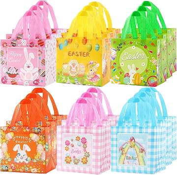 YANGTE 18Pack Easter Bags Non-Woven Easter Baskets Gift Bags with Handle for Kids Egg Hunt Game, Spring Party, Size 8.2 x 5.8 x 8.2in