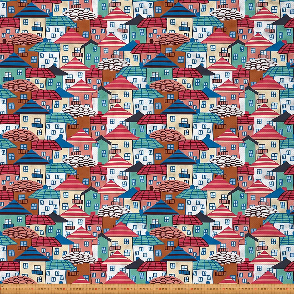 City Upholstery Fabric by The Yard,Urban Architecture Reupholstery Fabric for Chairs,Landscape Llustration With Tile Roof Waterproof Outdoor Fabric,5 Yard,(L460*W150cm) Blue Red Green