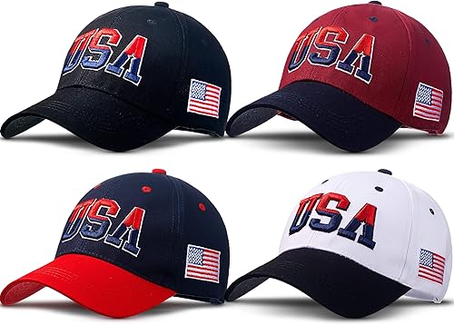 Zhanmai 4 sombreros de Estados Unidos para hombres, gorra de béisbol con bandera estadounidense, sombrero táctico patriótico, ajustable, bordado,