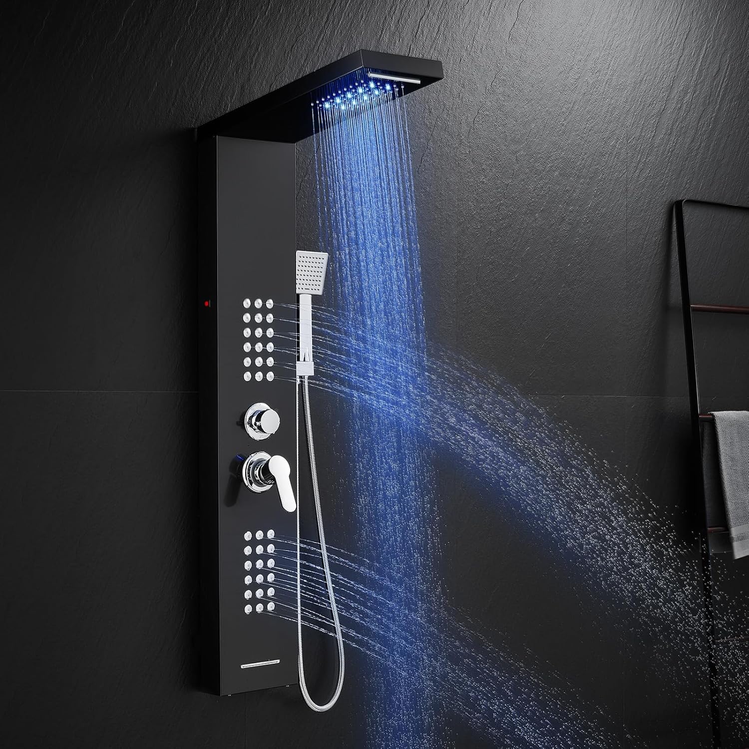 ROVATE LED Shower Panel Tower System Stainless Steel, Rainfall Waterfall Shower Panels with Jets and Handheld, 5 in 1 Shower Panel System High Pressure with Tub Spout, Black Split Design Black Surface-with high pressure body jets