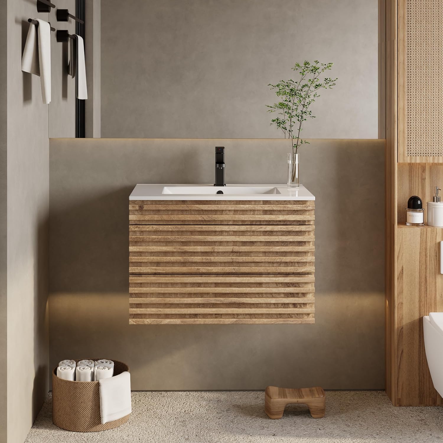 eclife 30" Floating Bathroom Vanity with Sink Combo Mid-Century Wall Mounted Cabinet with Wood Stripes Decor, Drawers, Undermount Sink, Faucet, Drain, Light Walnut