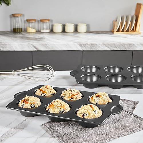 Miniatura 4 de HONGBAKE Molde antiadherente para magdalenas, paquete de 2 moldes grandes para hornear, bandeja para tartas, 3.5 dia, 6 tazas, premium, extra