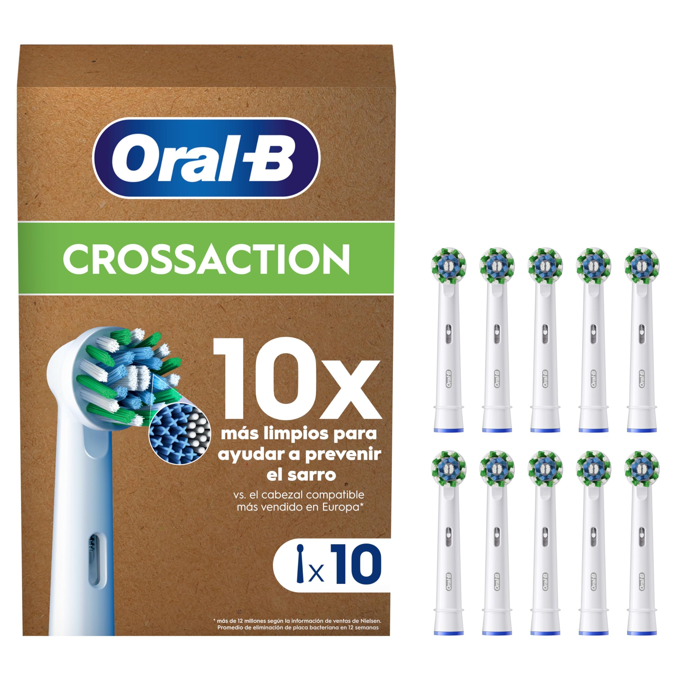 Oral-B Pro CrossAction Cabezales De Recambio ORIGINALES para Cepillo de Dientes Eléctrico Oral-B Pro, Pack de 10 Recambios Con Indicador De Uso, Blanco (Tamaño Buzón)