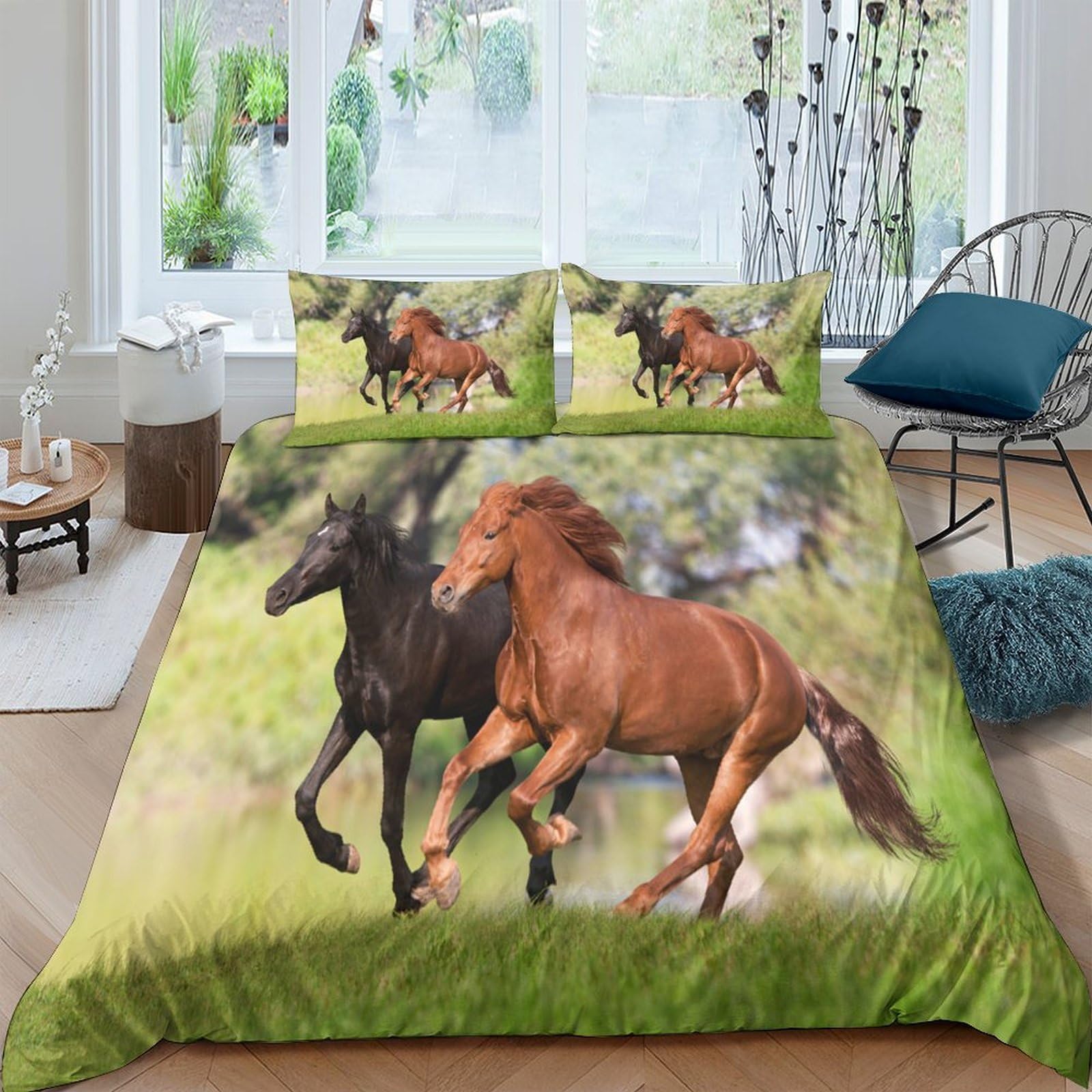 XFKLYNVCJ 3D Printed Galoping horses Bedding Cover Brushed Microfiber Natural wildlife scene Duvet Cover Hypoallergenic Quick Drying for Birthday Gift Adults Home Daily Use Single（140x200cm）