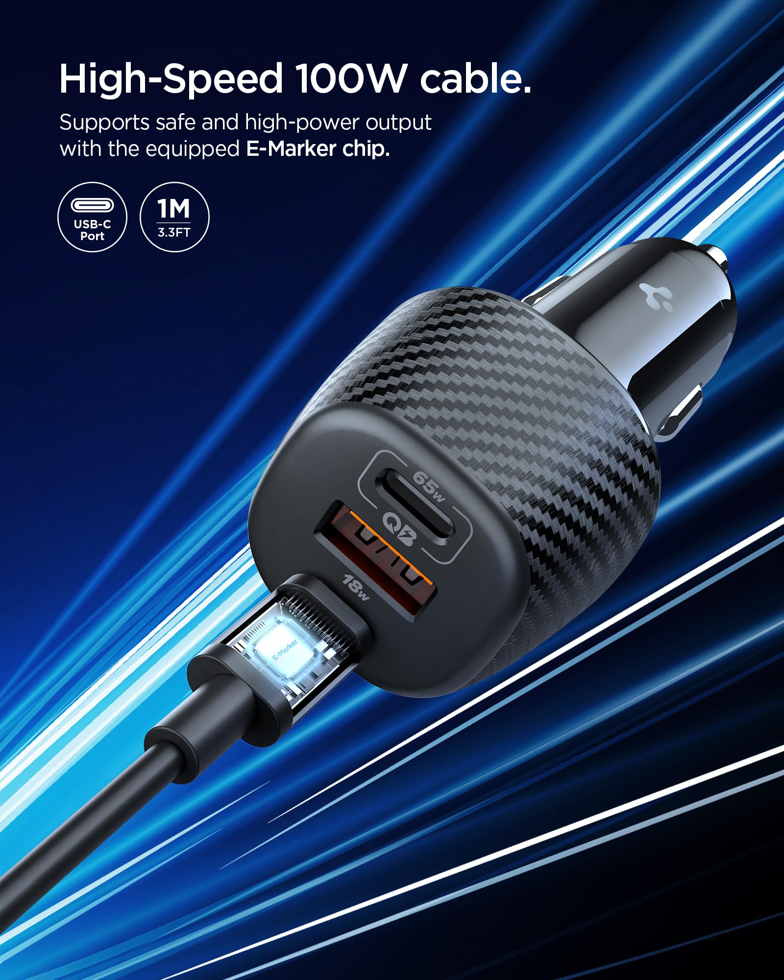 Spigen ArcStation Essential 113W Caricatore Auto USB C Rapido [Cavo E-Marker Incluso & 3 Porte] Mini Caricatore Accendisigari Compatibile con iPhone 17 17e 16 15 Samsung S26 S25 Google Pixel 10a 10
