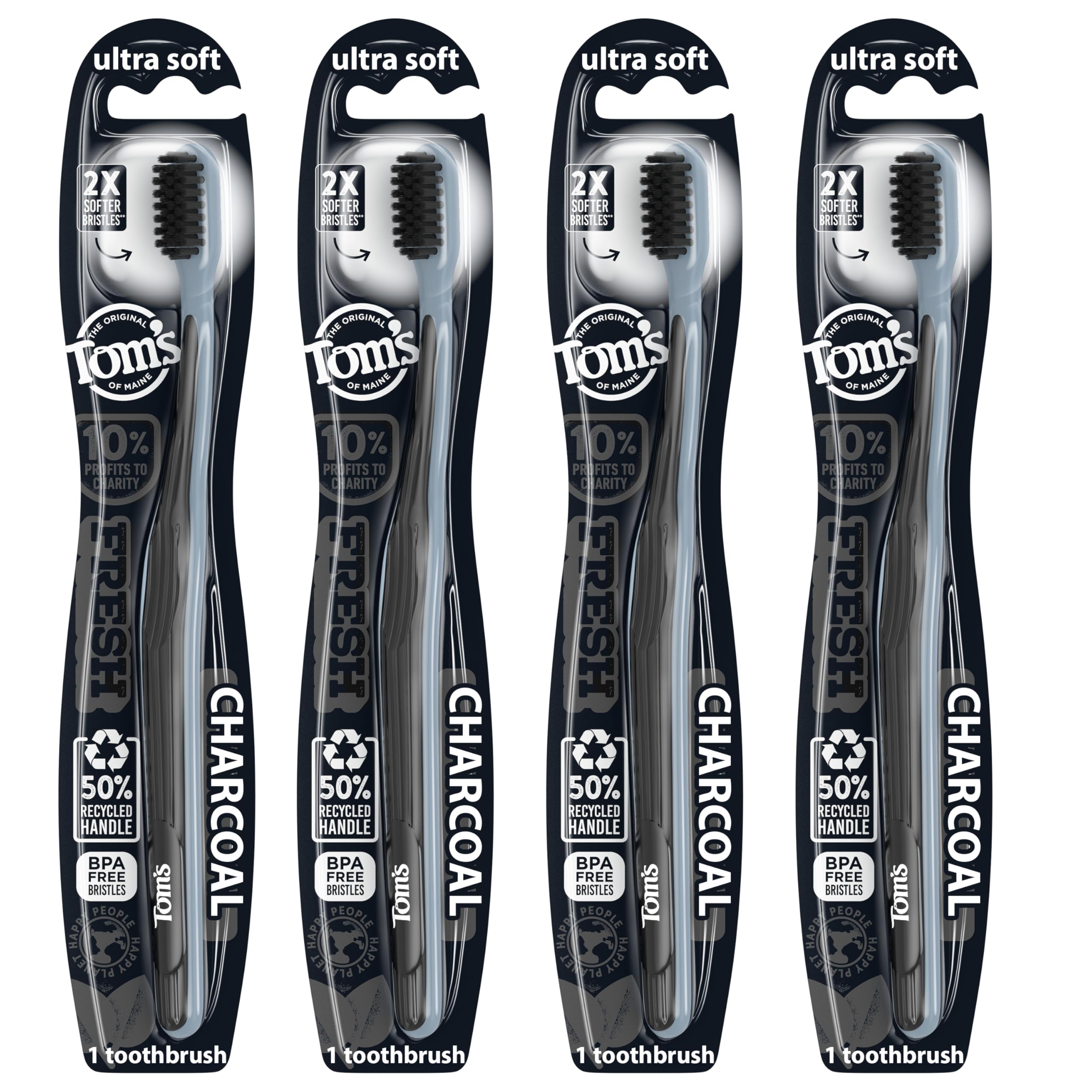 Tom's Of Maine Gentle Charcoal Toothbrush, Soft, 4-Pack (Packaging May Vary)