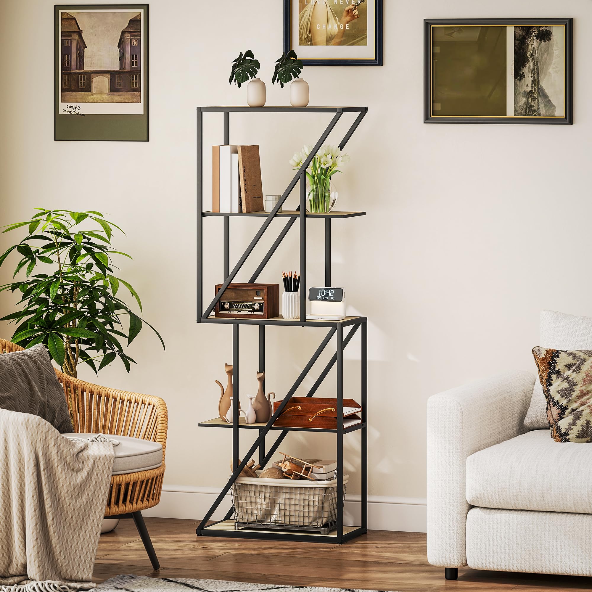 HOMCOM Librería de 5 Niveles con Estantes Abiertos 60x30x165 cm Roble | Estantería para Libros Industrial, Marco de Acero Entrecruzado, para Salón, Dormitorio, Oficina