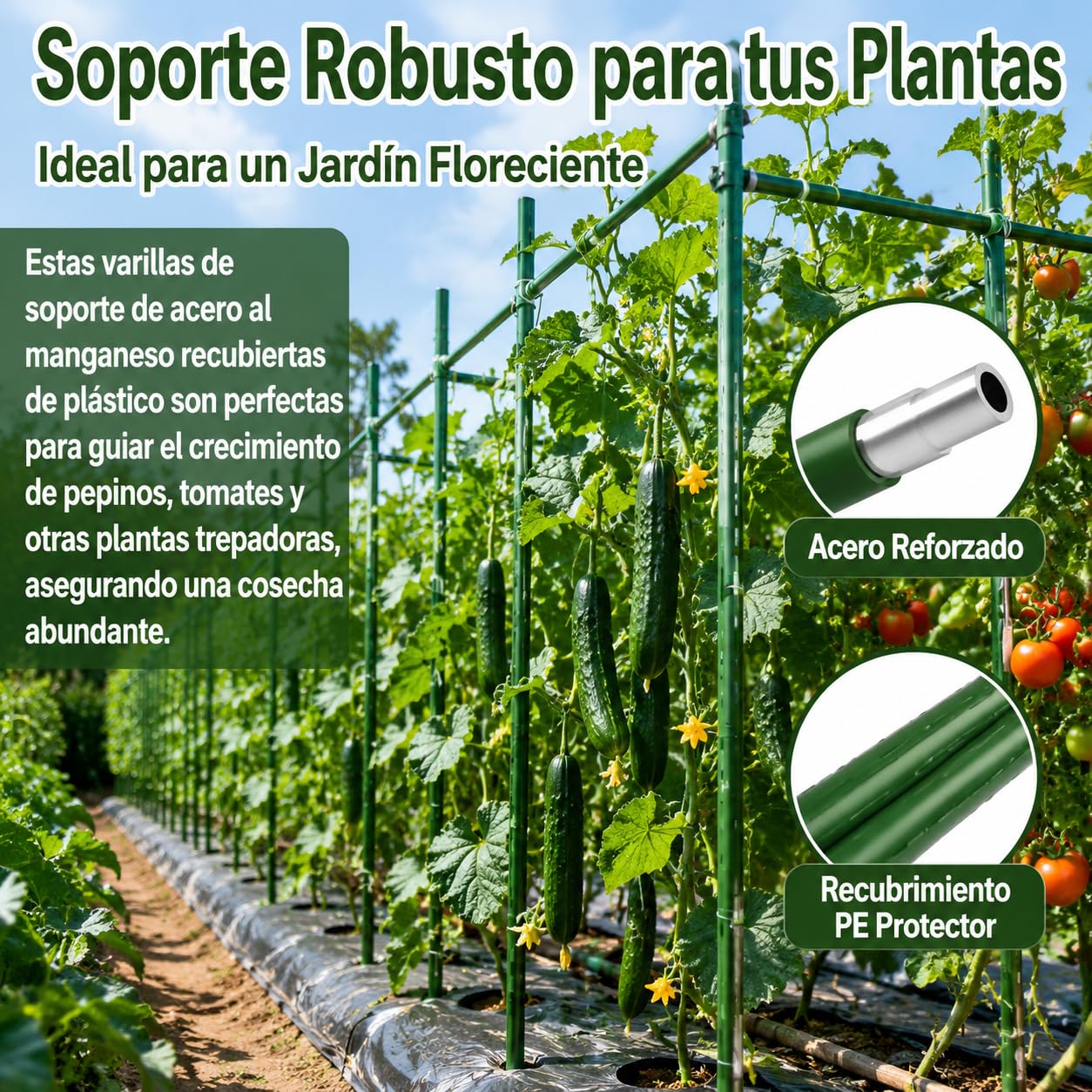 Pomodori e Orto, Sostegni per Piante Rampicanti in Metallo Rivestito, Tutori Durevoli per Giardino, Verde, Diametro 20mm Lunghezza 90cm