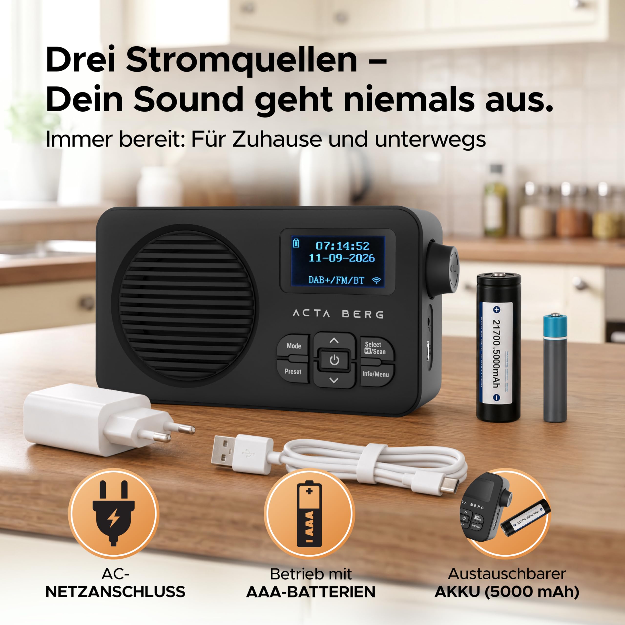 DAB Radio mit Akku 5000 mAh austauschbar & BT 5.3 (Schwarz) | DAB+/UKW-Radio, Akku austauschbar + Netzstecker, 80 Senderspeicher, USB-C, tragbares Digitalradio, mit Wecker & Timer
