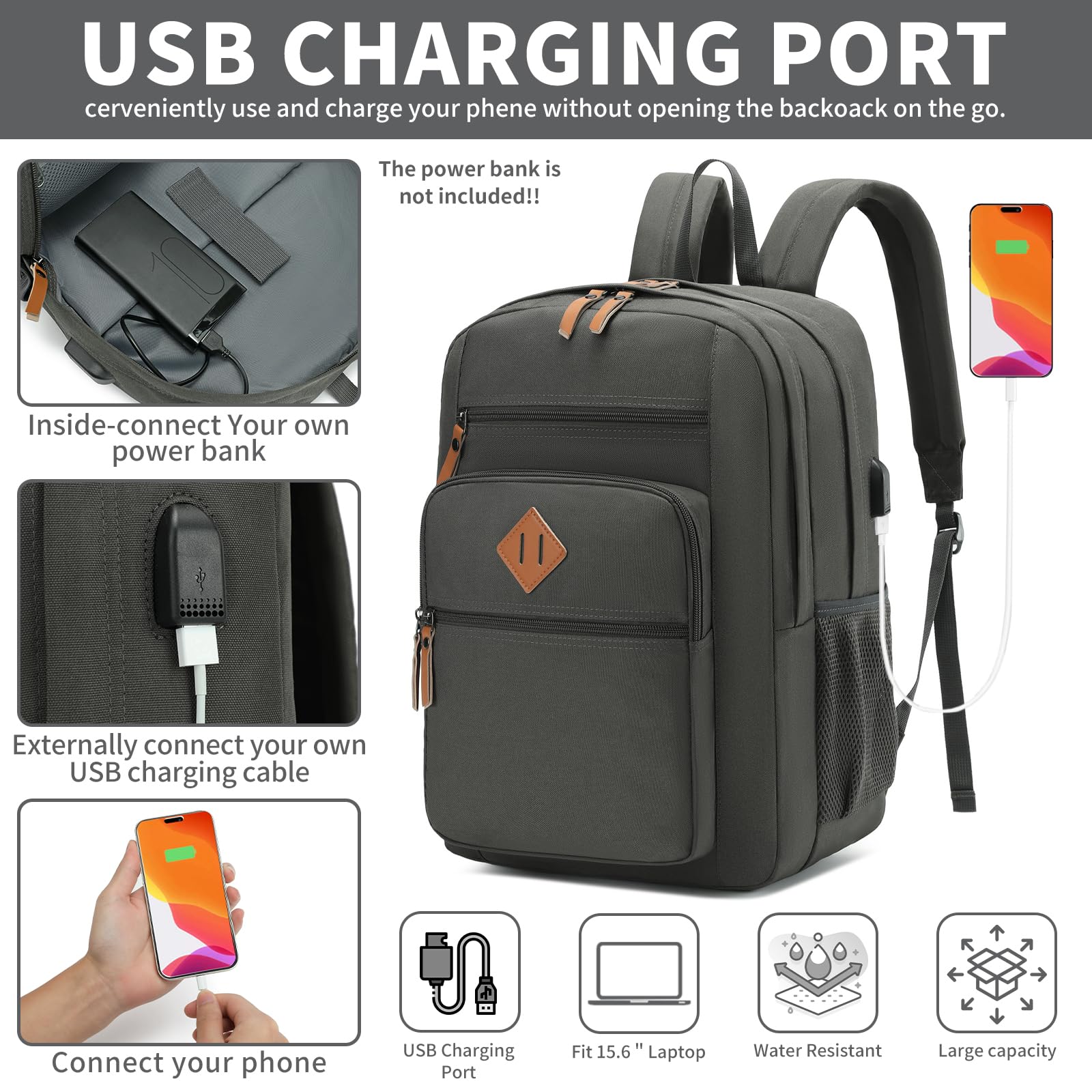 YGR Mochila de viaje para laptop para hombres y mujeres, mochila de computadora con puerto de carga USB para deportes, trabajo, universidad