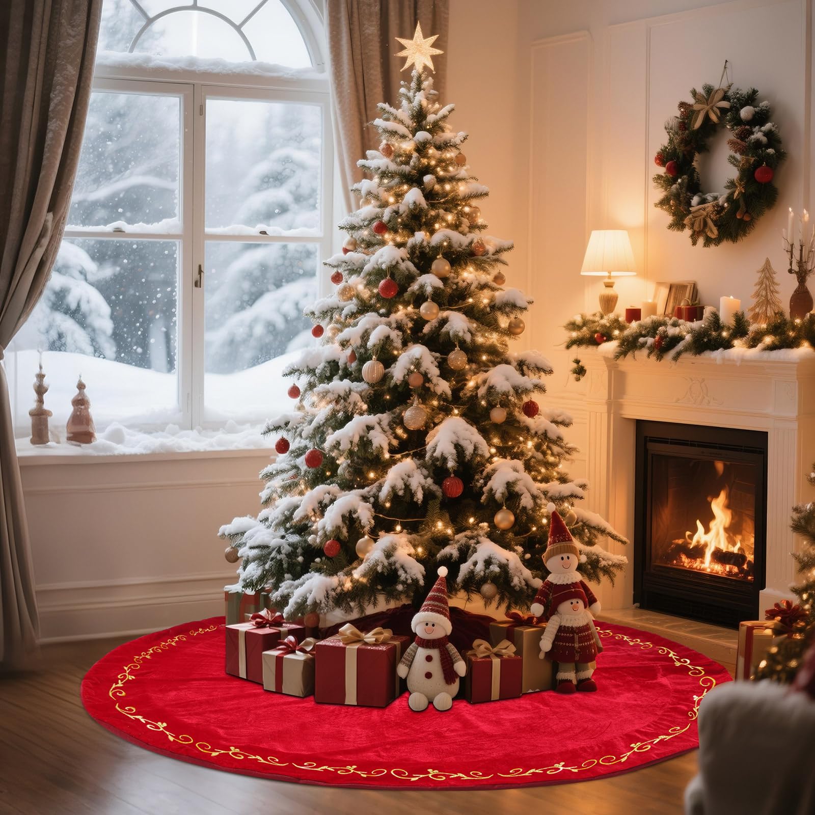 HyDren 100 Inch Velvet Christmas Red Tree Skirt (Classical Style)