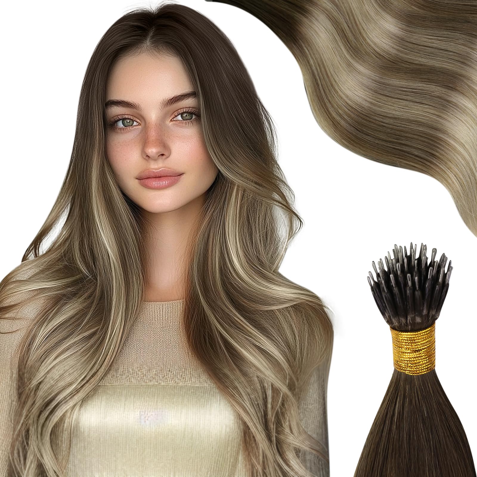 Moresoo Nano Ring Hair Extensions 22 Inch Balayage Dark Brown to Medium Brown with Bleached Blonde Nano Hair Extensions Real Human Hair 1G/S 50G/Pack #4/6/613