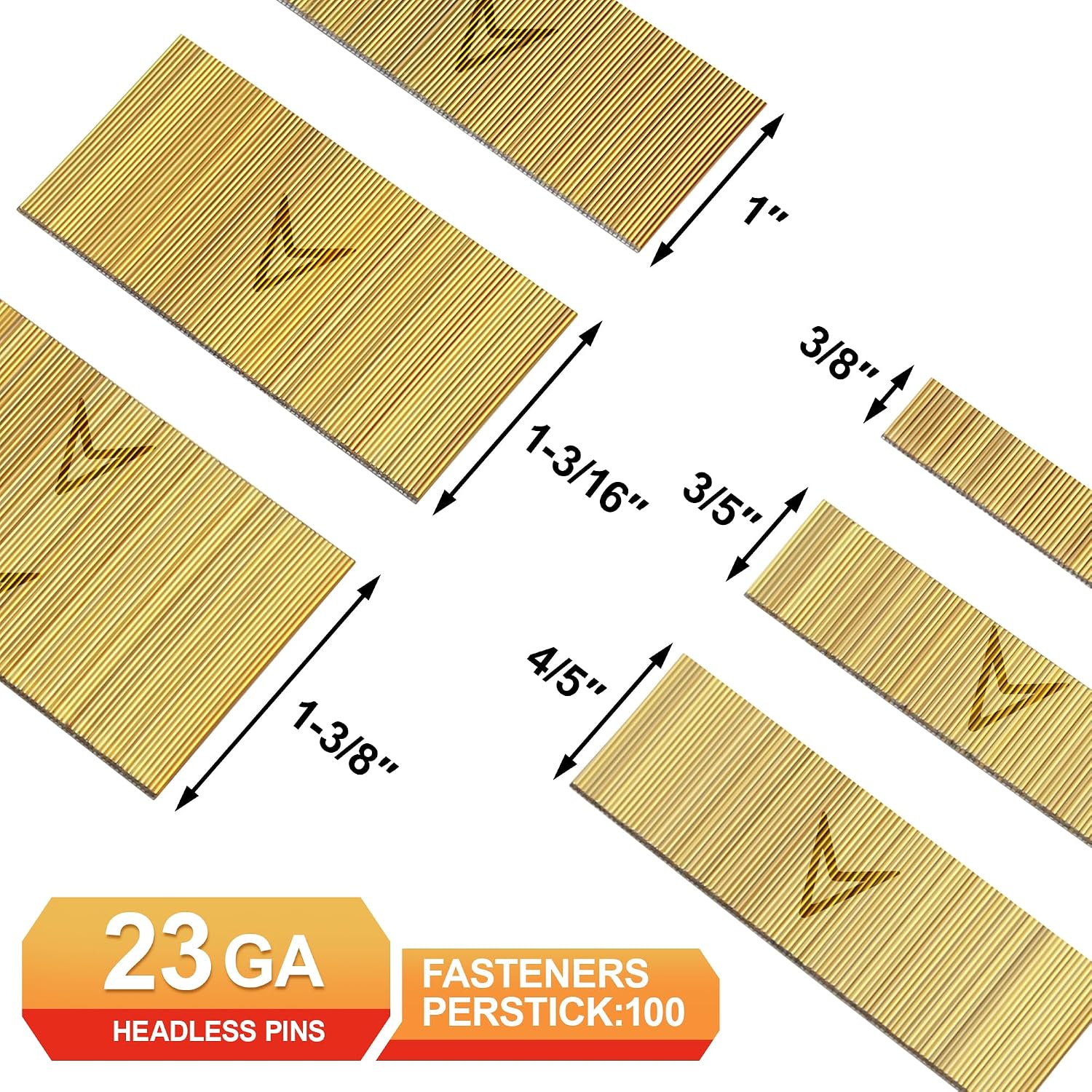 23 Gauge Pin Nails,3/8",3/5",4/5",1",1-3/16",1-3/8":12000pcs | Headless Pinner Nails,6 Sizes Assorted for Molding Cabinetry Building,photo frame,handicrafts Assembly