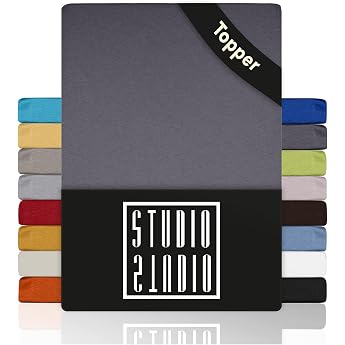 STUDIO Basic Topper Fitted Sheet 120 x 200 cm 100% Combed Cotton Oeko-Tex Standard 100 Bed Sheet Jersey Gray