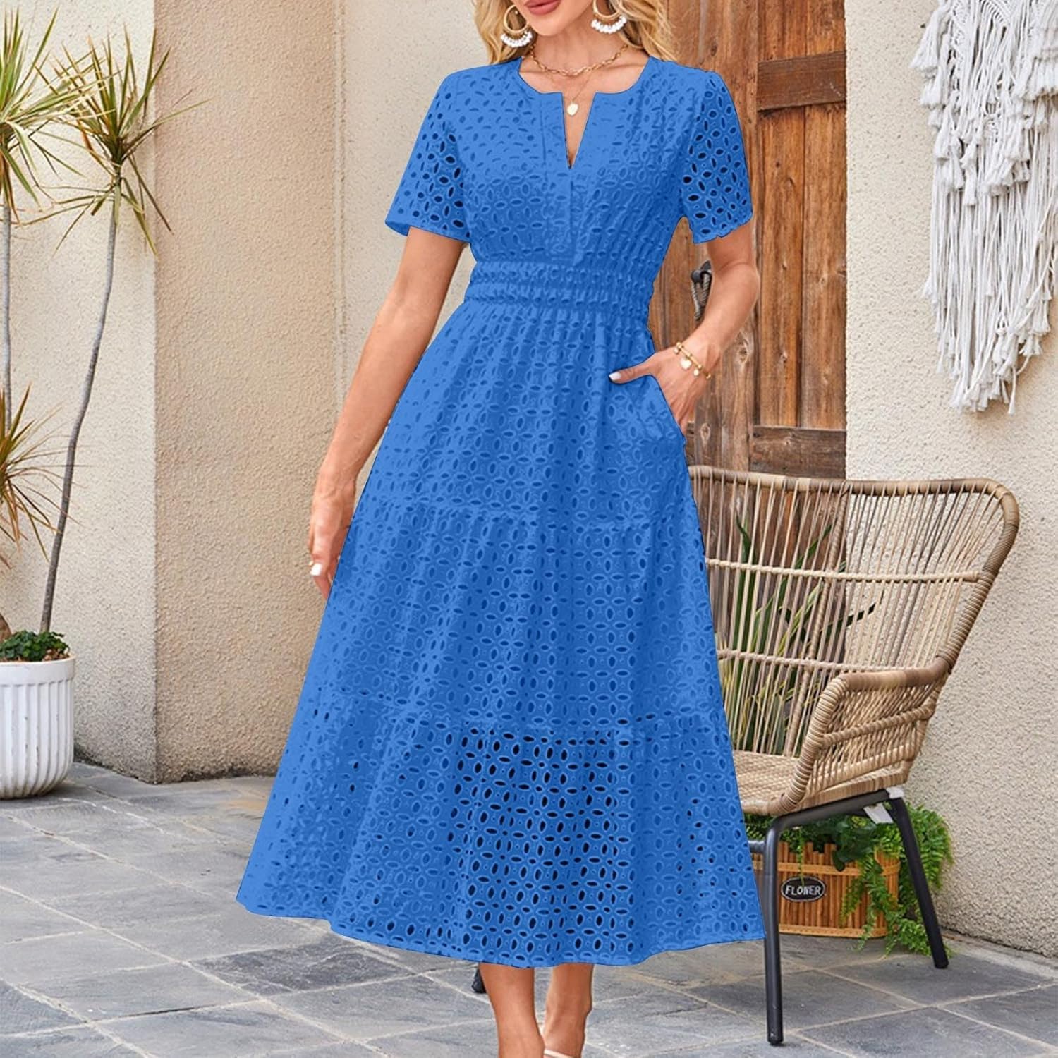 Vestidos de Verano, Vestido de Manga Corta con Ojales, Cuello en V,Vestidos playeros Largos y fluidos, Estilo Bohemio, Elegante, Informal, Largo, con Bolsillos, Vestido de Verano Informal.