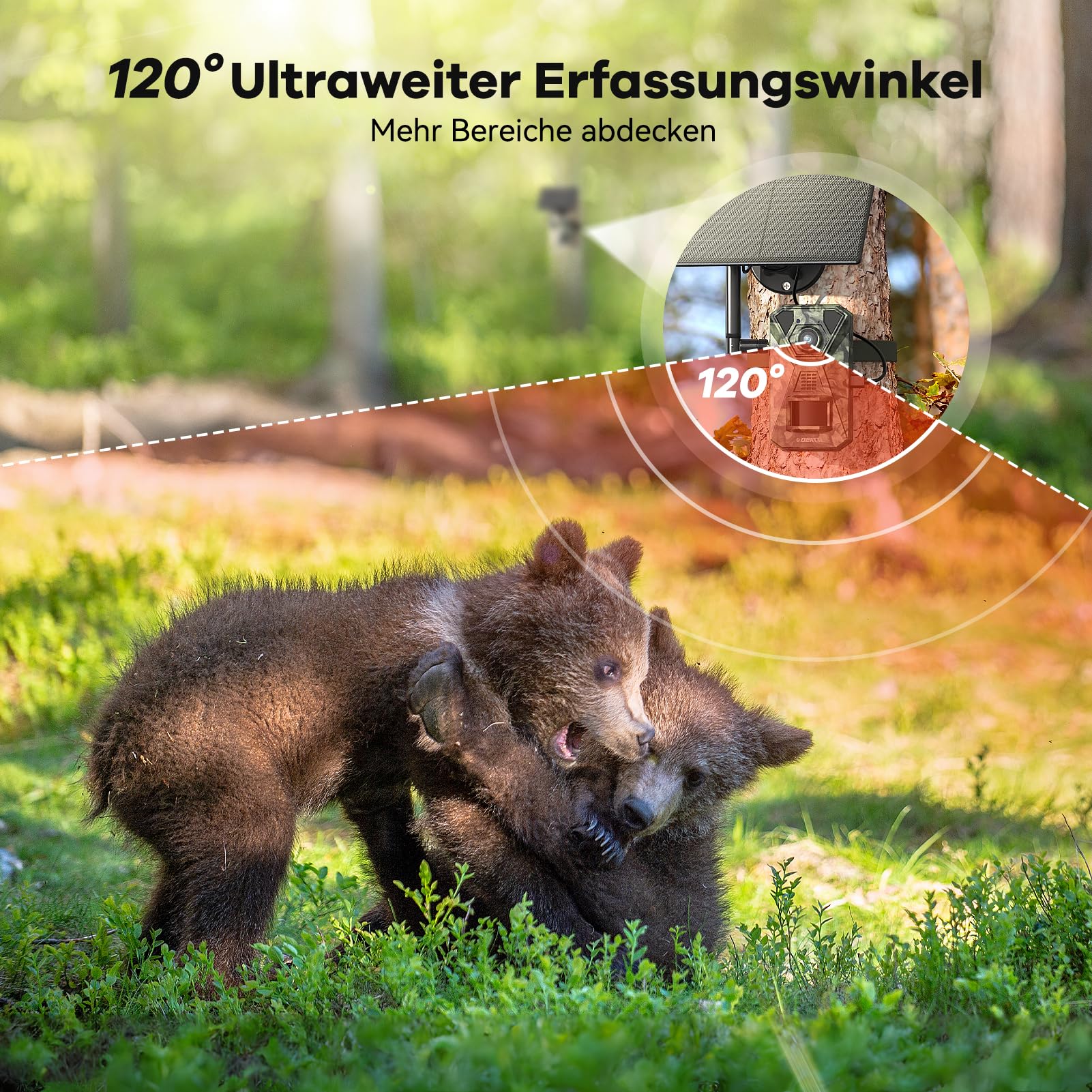 DEATTI 4G LTE Wildkamera mit Handyübertragung APP, 2.7K Solar Wildkamera mit SIM Karte, PIR Bewegungsmelder, Nachtsicht, 120° Weitwinkel Wildtierkamera, IP66, 7800mAh Akku (ohne SD Karte)