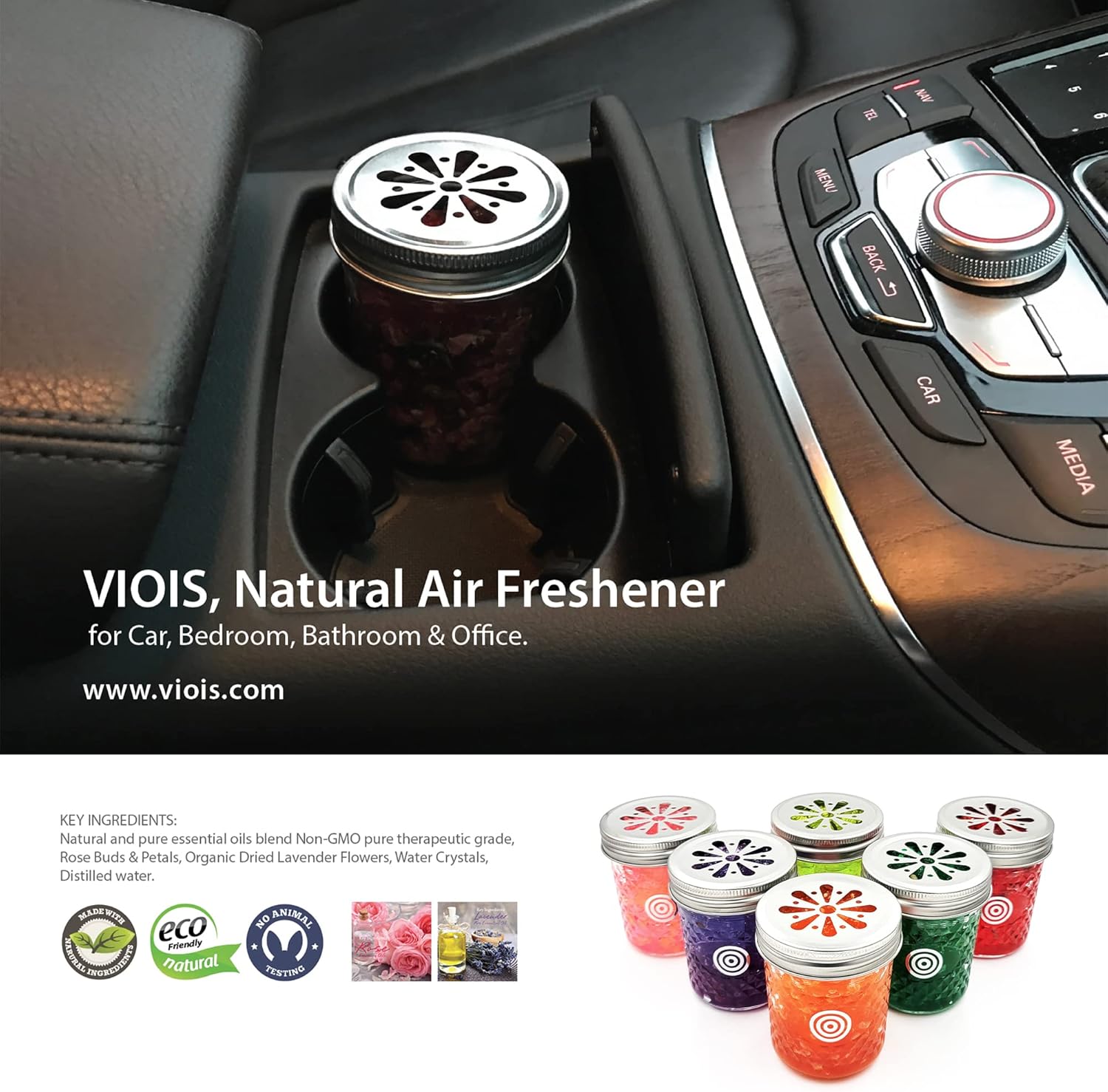 Rose & Lavender Aromatherapy Car Air Freshener(Gel Type). Handcrafted Natural Air Freshener for Car, Bedroom, Bathroom & Office. Chemical Free & Non Toxic. Ball Mason 8 Ounce jar. (2 Pack)