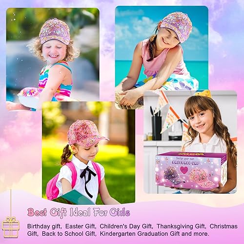 Miniatura 7 de Regalos de Navidad para niñas, decora tu propia gorra de béisbol con 12 hojas de calcomanías de gemas de unicornio, divertido kit de artes y