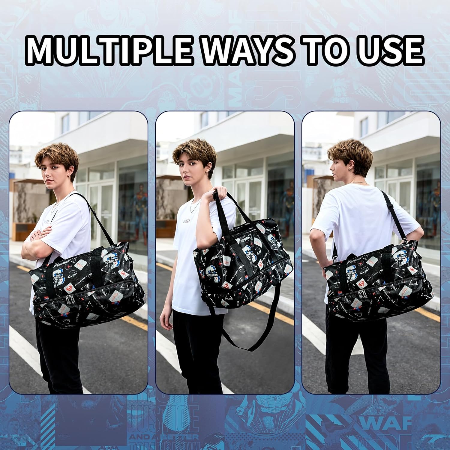 Superman Travel Duffle Bag, Superhero Weekend Bag Carry On Tote Bags with Shoe Compartment, Sport Dance Gym Bag, Overnight Bag Luggage Bag with Trolley Sleeve - Image 5