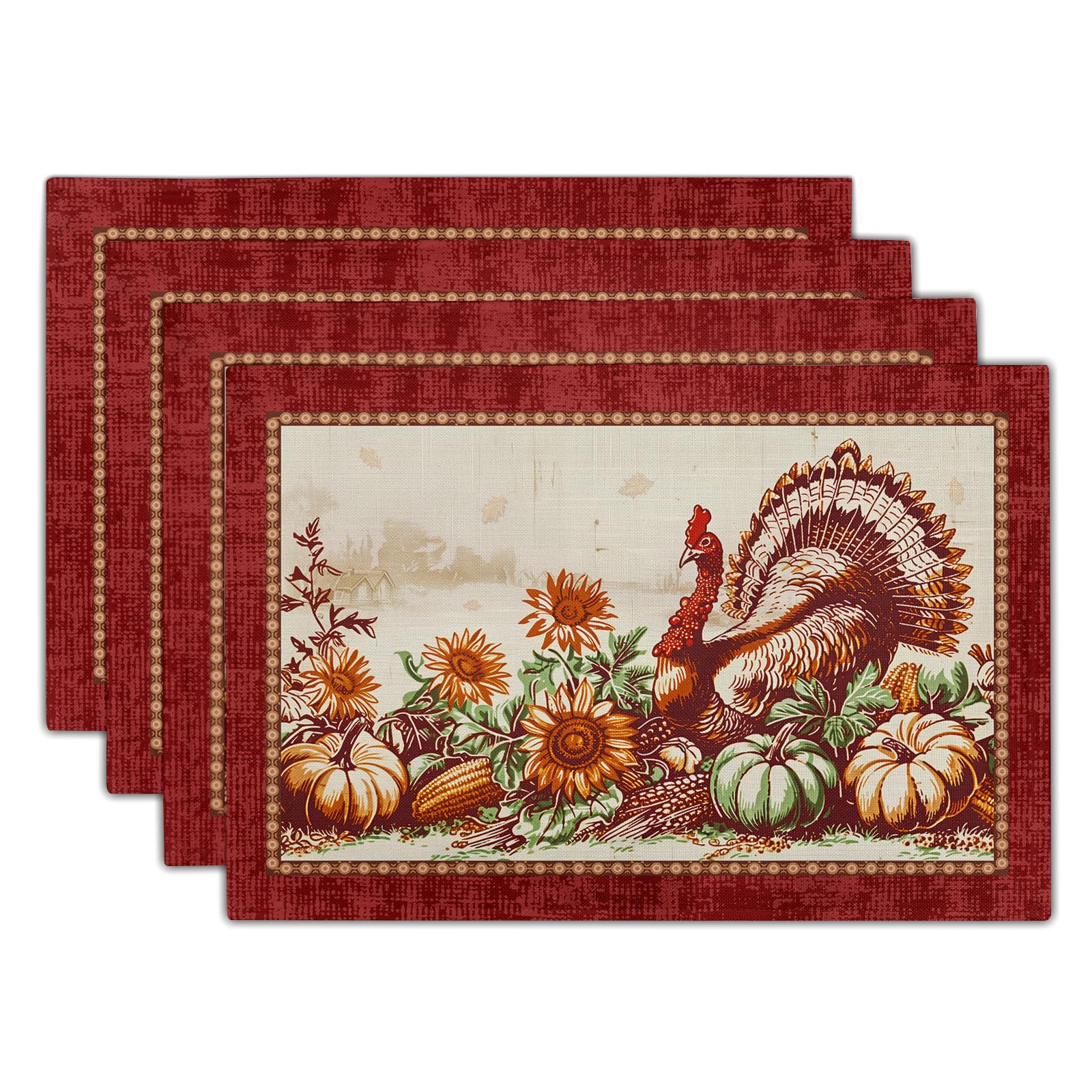 Giwawa 4PCs Thanksgiving Placemats 12x18 Inch Fall Harvest Turkey Autumn Pumpkin Sunflowers Corn Place Mat Non Slip Heat Resistant Table Mats for Kitchen Dining Tabletop Holiday Farmhouse Decor