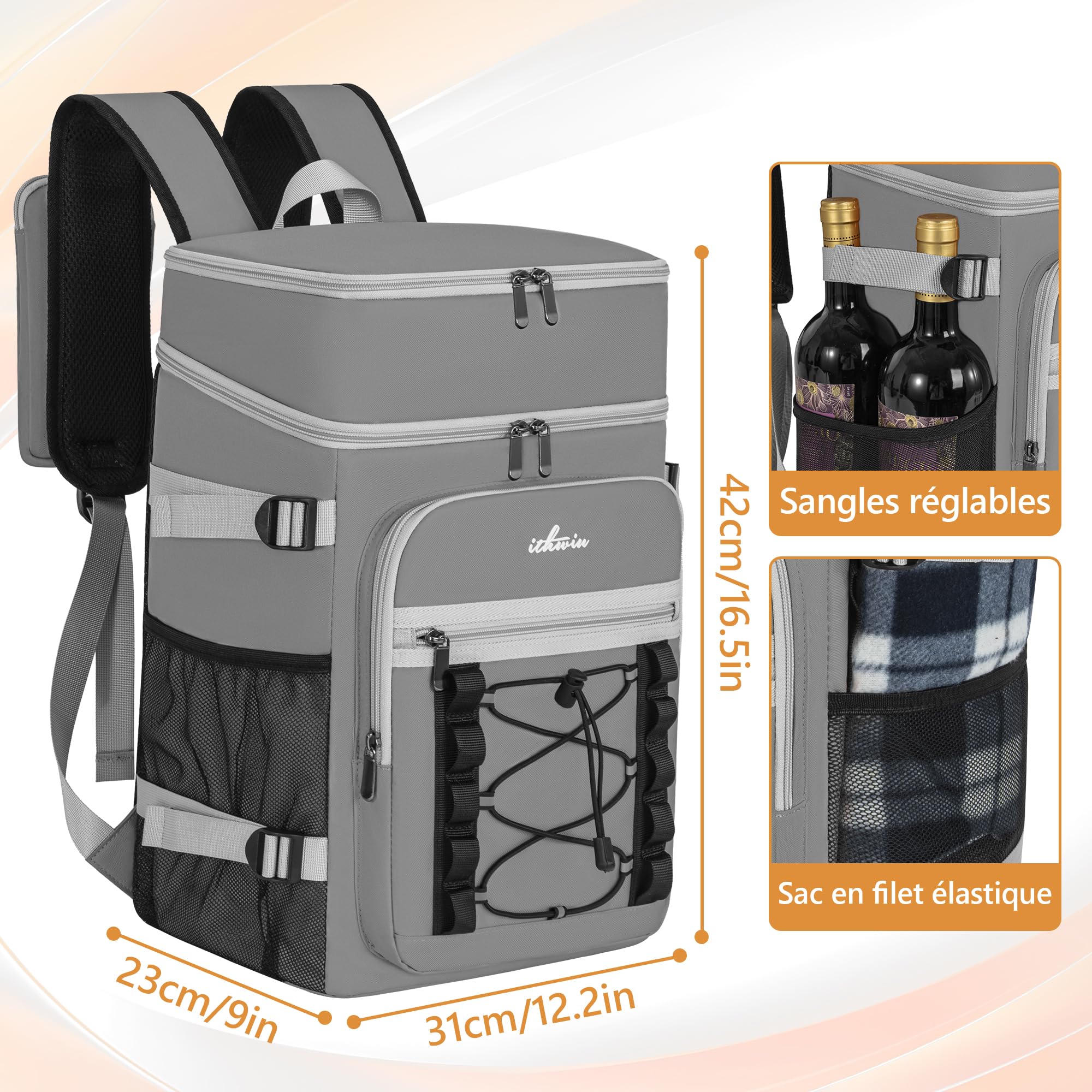 Sac à Dos Isotherme à Double Compartiment – Grande Capacité 30L pour Glacière Souple, Imperméable avec Isolation Thermique Améliorée, Idéal pour Les Pique-Niques et Le Camping(Noir) - 4