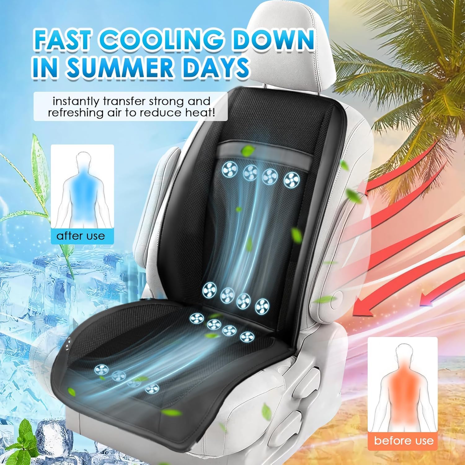 Funda de verano para asiento delantero de coche, 16 ventiladores, 2 en 1, cojín de enfriamiento para asiento de coche con función de masaje, 12 V, ventilado, transpirable, enfriador de asiento