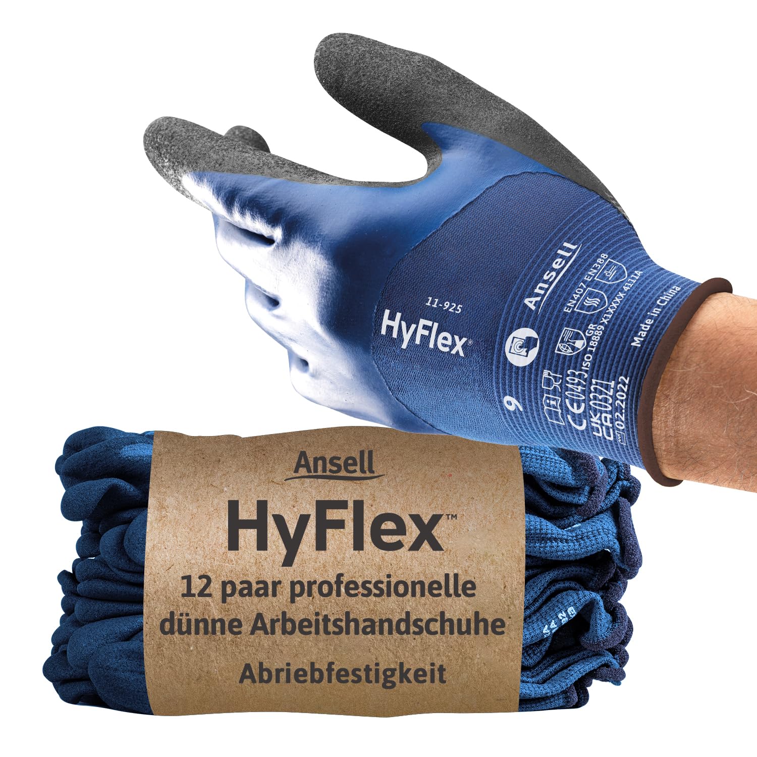 Ansell HyFlex 11-925 Ölabweisenden Arbeitshandschuhe, Rutschfeste Nitril-Beschichtung, Wasserdichte Schutzhandschuhe für Industrie und Mechanik, Dünne Montagehandschuhe, Blau, Größe L (12 Paar)