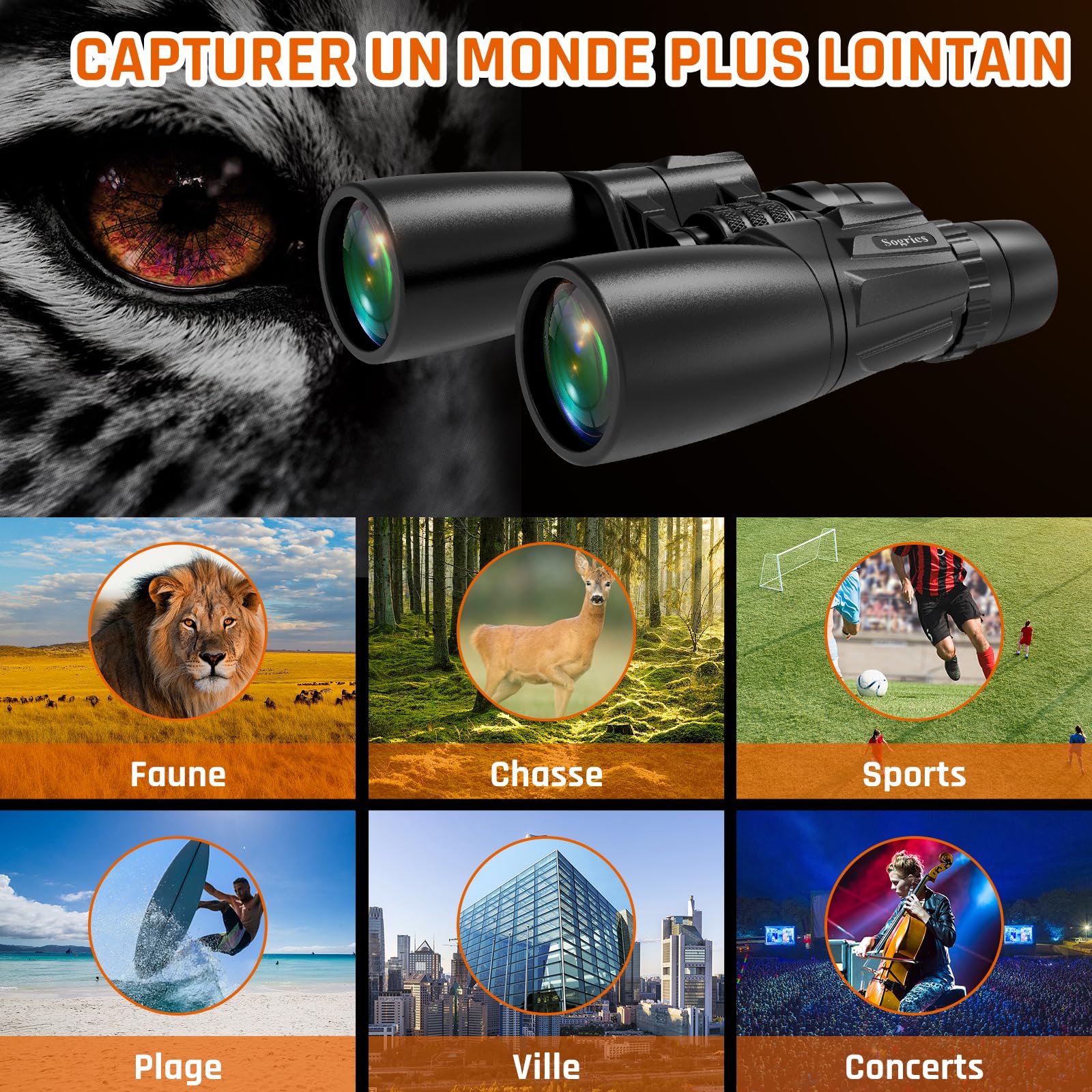 Jumelles Zoom 10-30x50 Sogries BAK4 FMC Haute Puissance pour Observation des Oiseaux