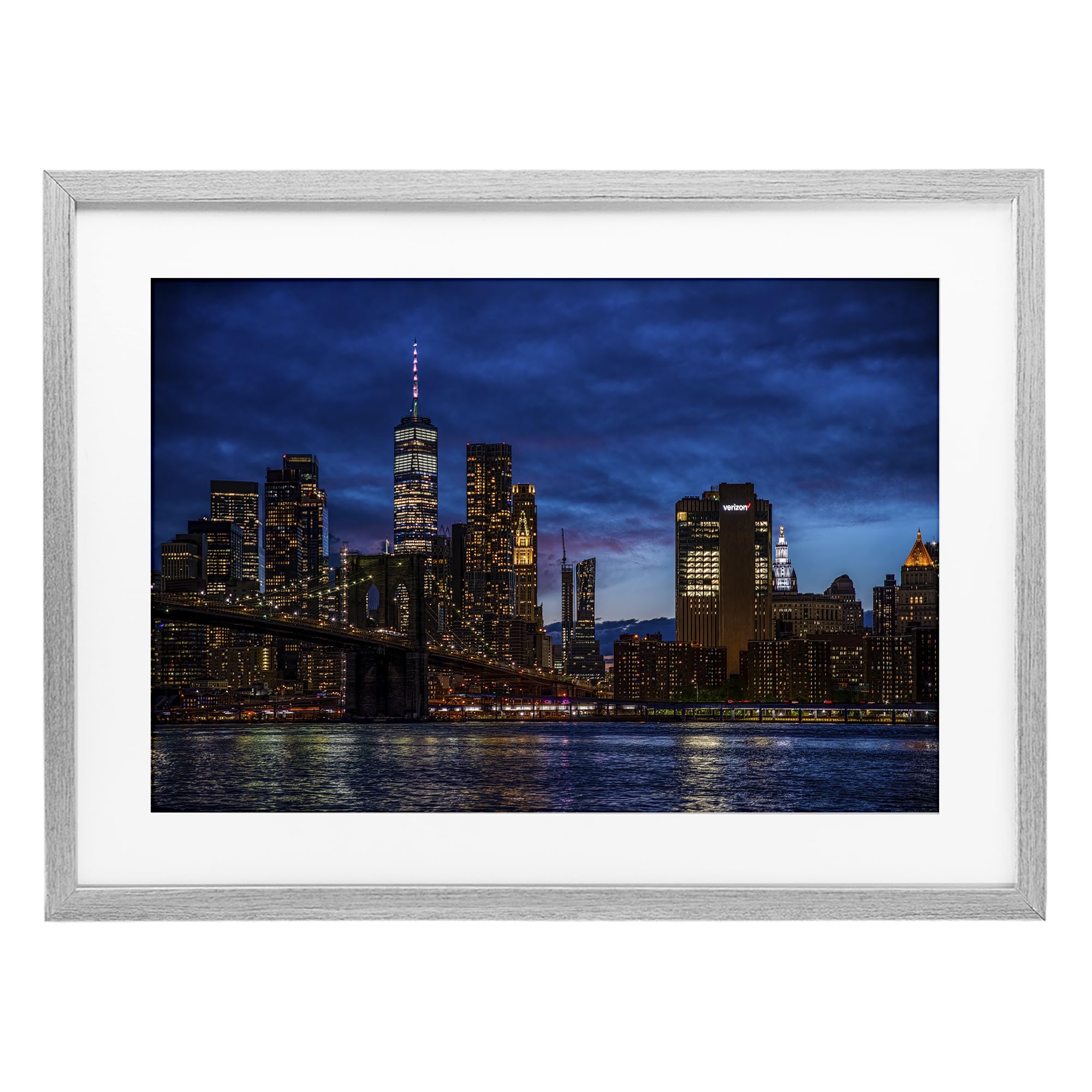 Stupell Industries 'Brooklyn Bridge at Night', Framed Print Under Glass, Gray, 23 x 17 Inches, Easy to Hang and Sturdy, Made in USA, by Tim West