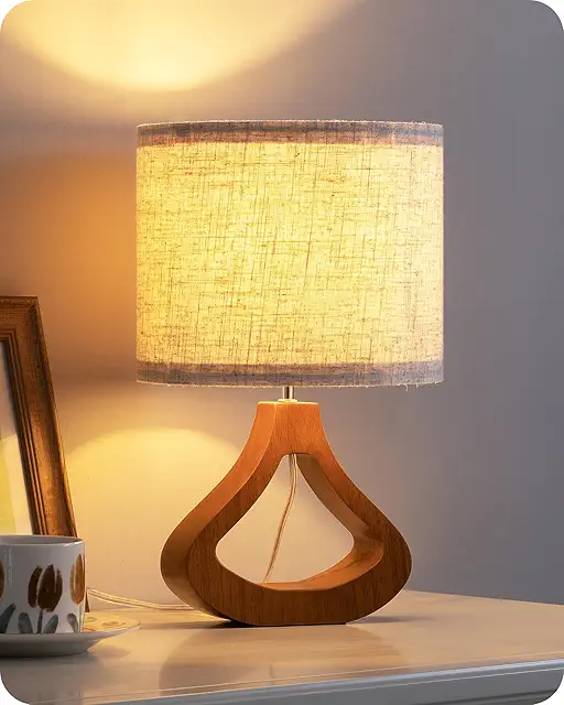 Mid Century Wooden Table Lamp - Pearwood Bedside Lamp with Linen Shade